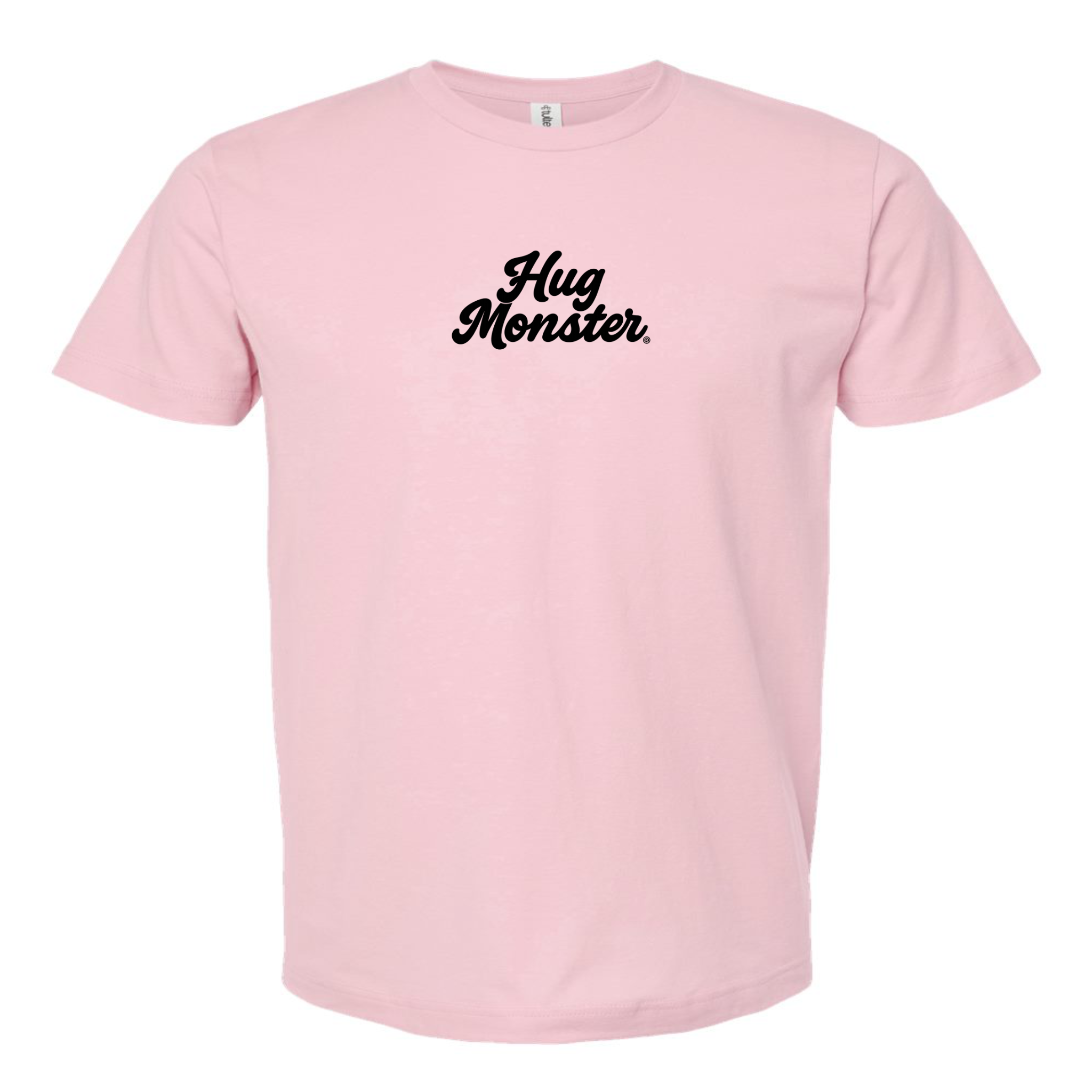 Hug Monster Original Classic Cursive (Black Logo) T-Shirt - Positive Message Graphic Tee in Soft Pink – Front View