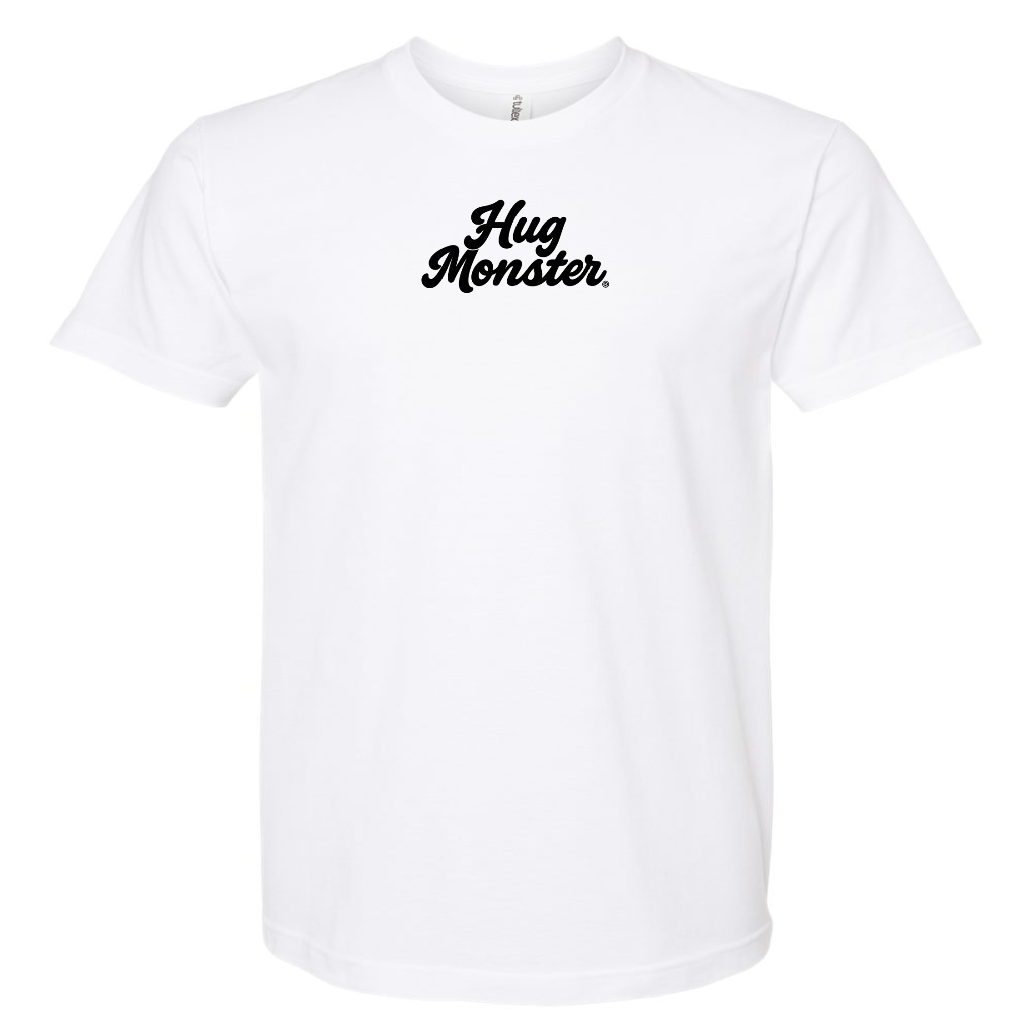 Hug Monster Original Classic Cursive (Black Logo) T-Shirt - Positive Message Graphic Tee in White – Back View