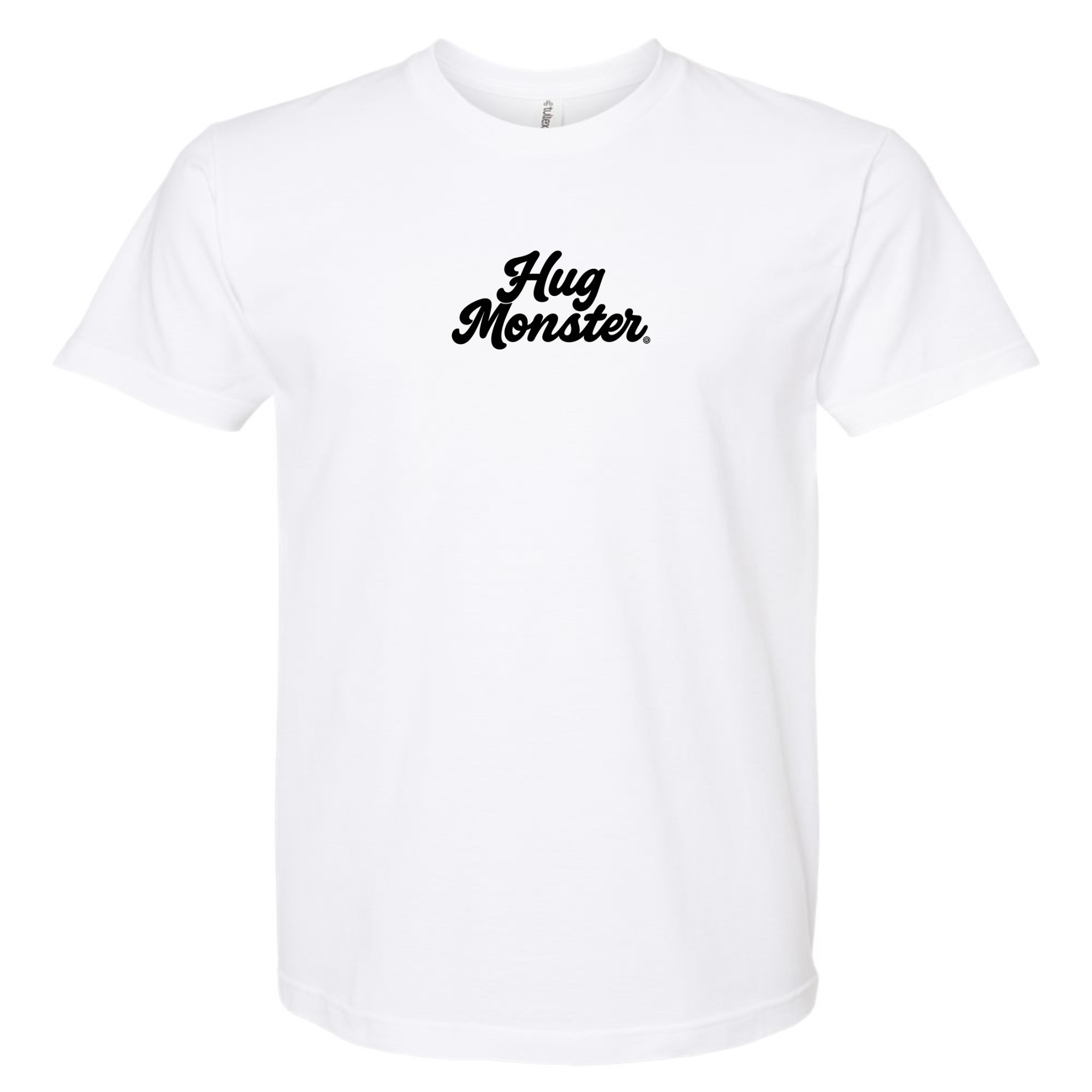 Hug Monster Original Classic Cursive (Black Logo) T-Shirt - Positive Message Graphic Tee in White – Front View
