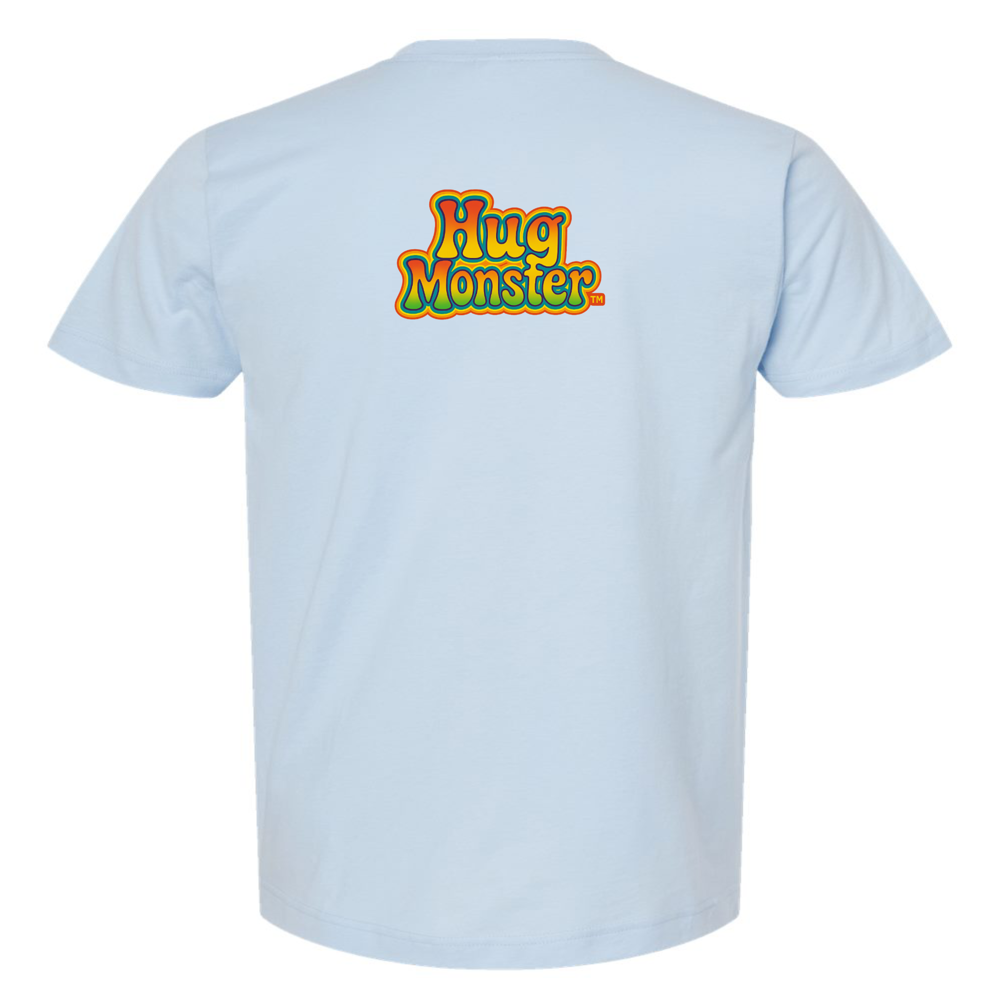 Hug Monster Retro Bubble Rainbow T-Shirt - Positive Message Graphic Tee in Baby Blue – Back View