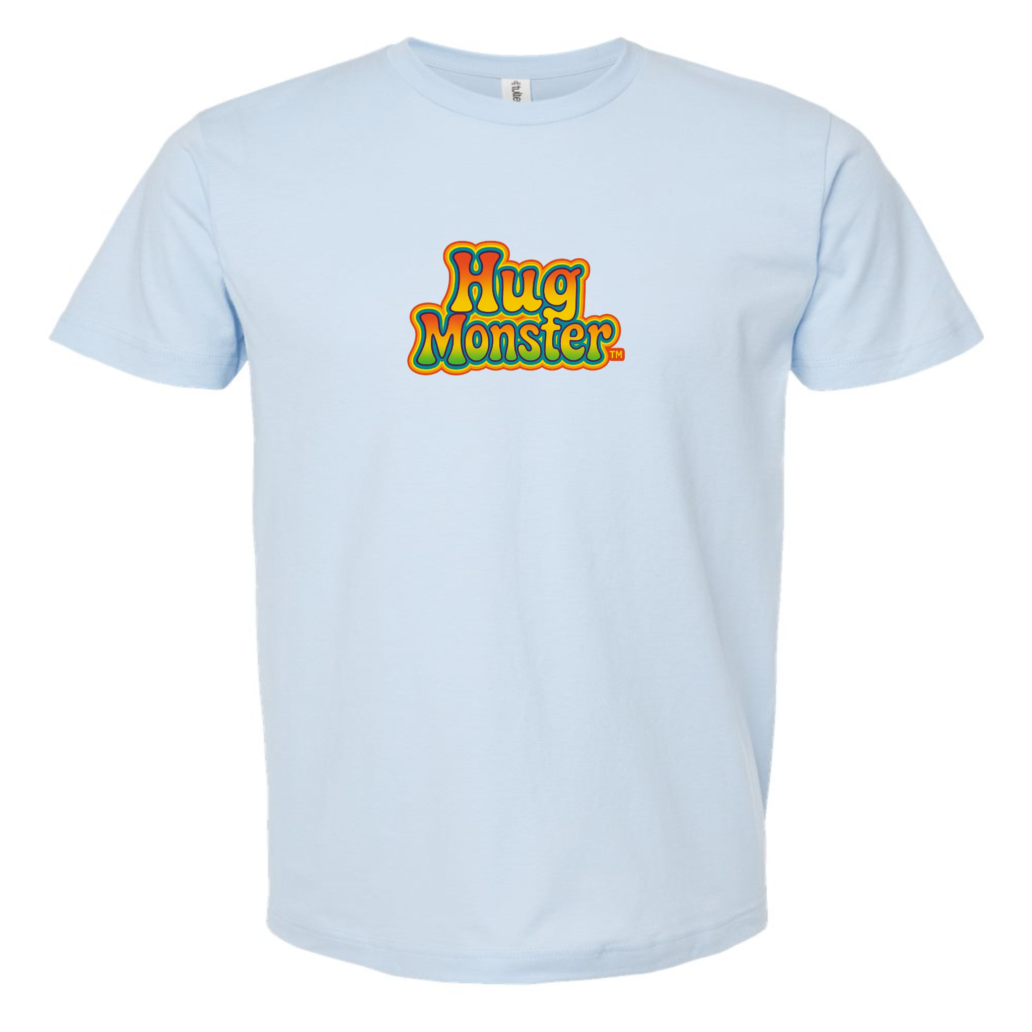 Hug Monster Retro Bubble Rainbow T-Shirt - Positive Message Graphic Tee in Baby Blue – Front View