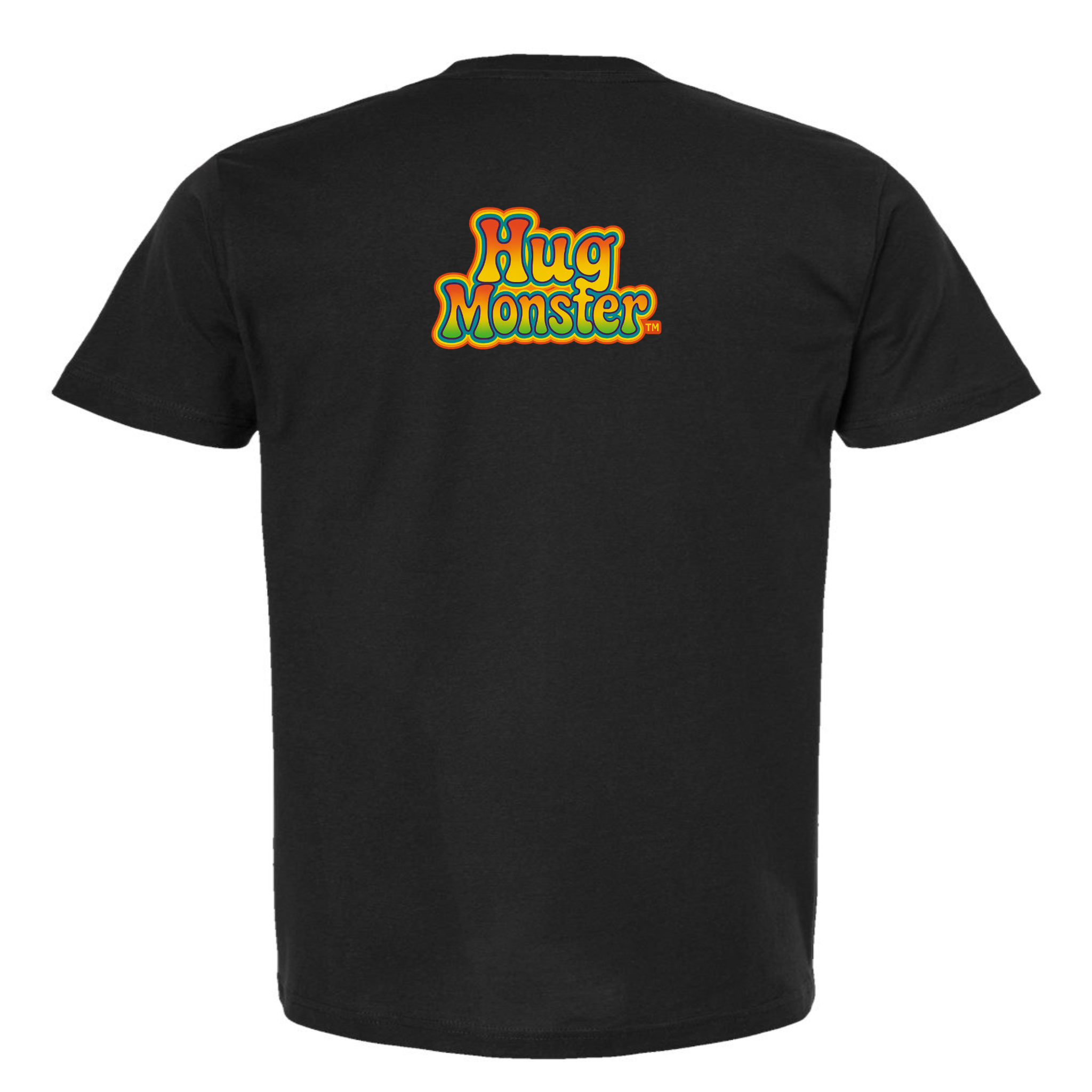 Hug Monster Retro Bubble Rainbow T-Shirt - Positive Message Graphic Tee in Black – Back View