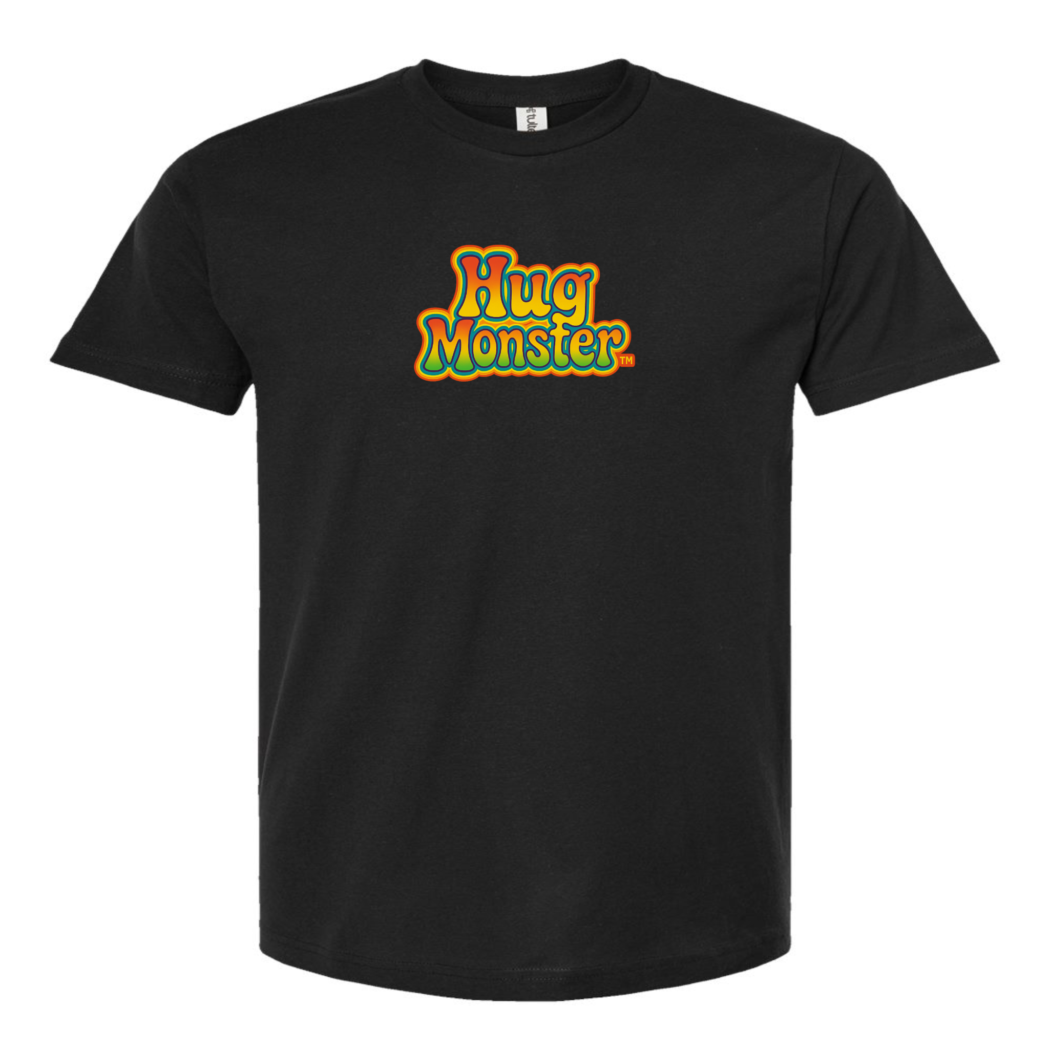Hug Monster Retro Bubble Rainbow T-Shirt - Positive Message Graphic Tee in Black – Front View