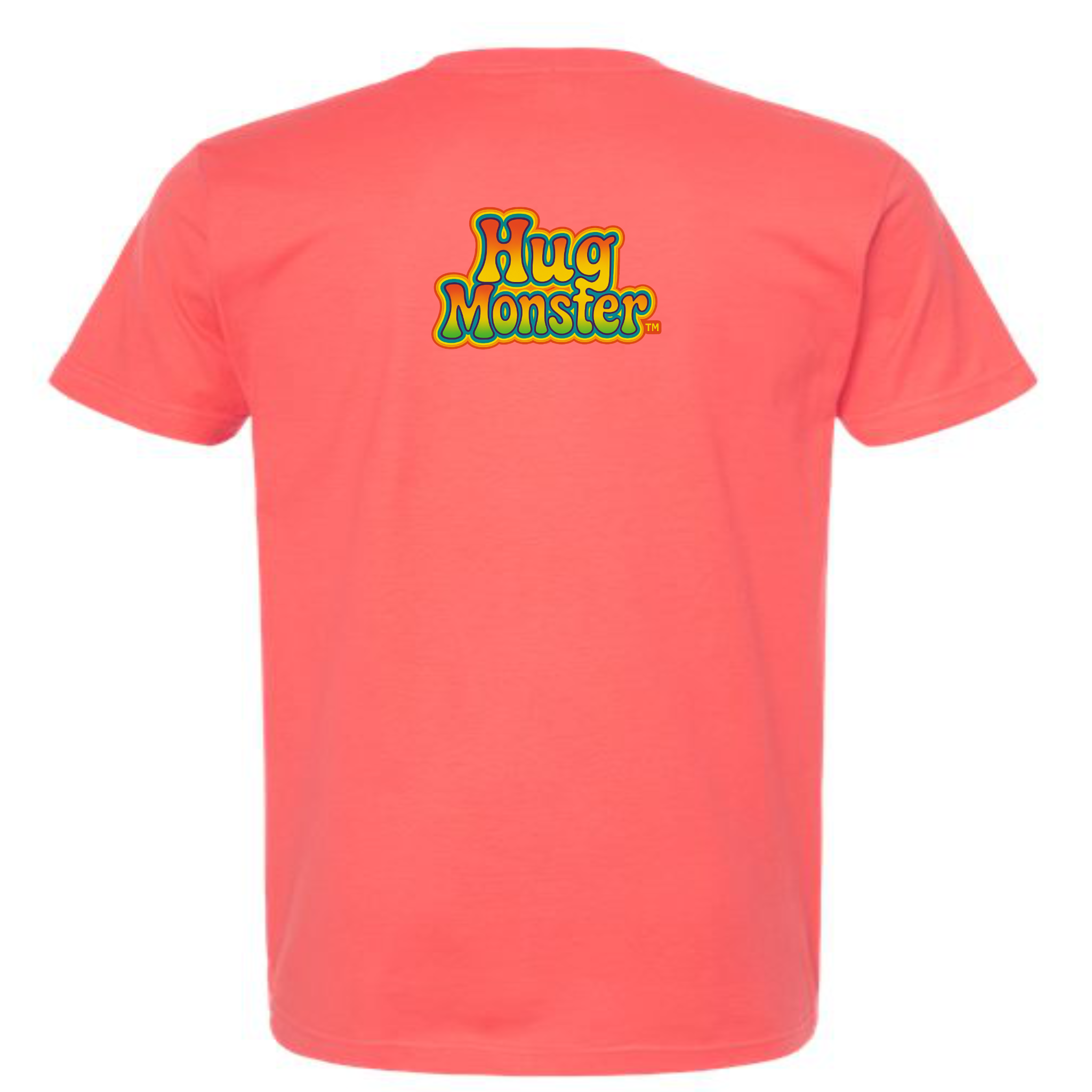 Hug Monster Retro Bubble Rainbow T-Shirt - Positive Message Graphic Tee in Bright Coral – Back View