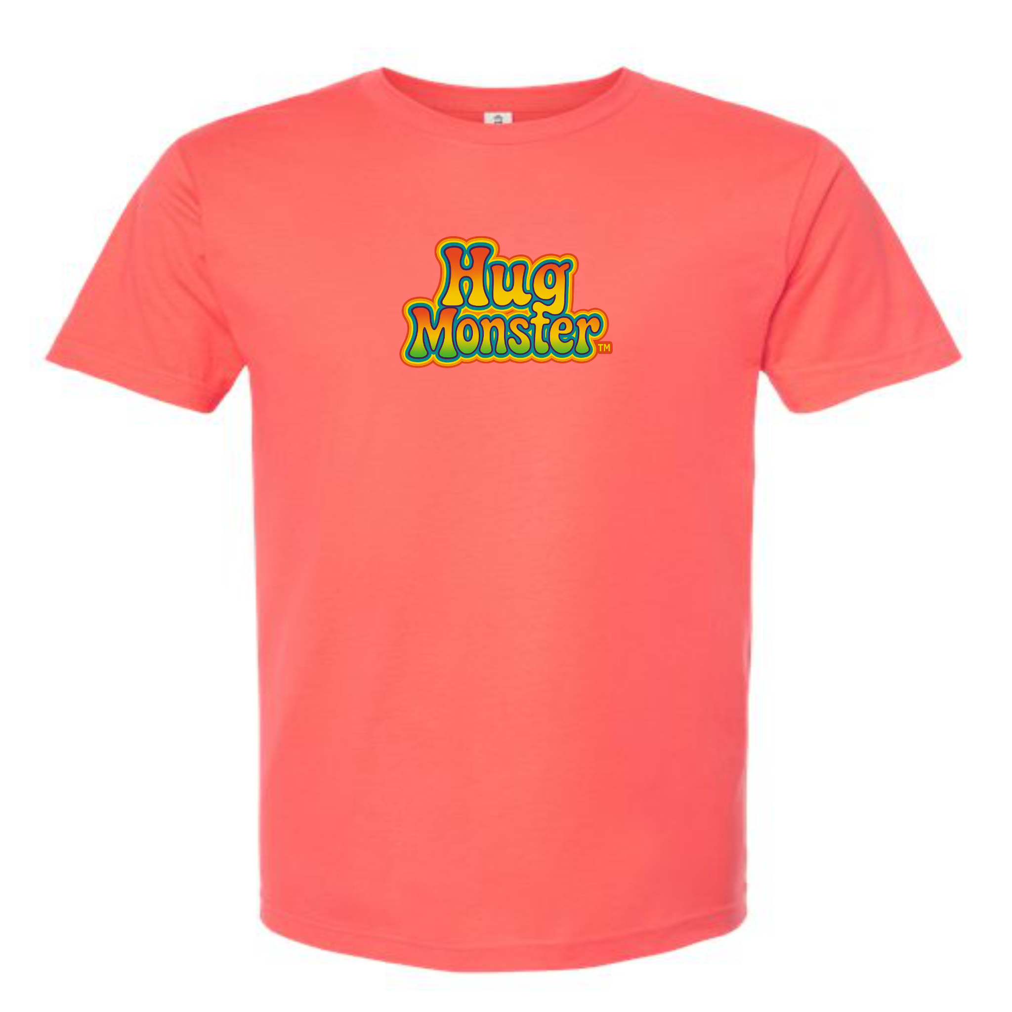 Hug Monster Retro Bubble Rainbow T-Shirt - Positive Message Graphic Tee in Bright Coral – Front View