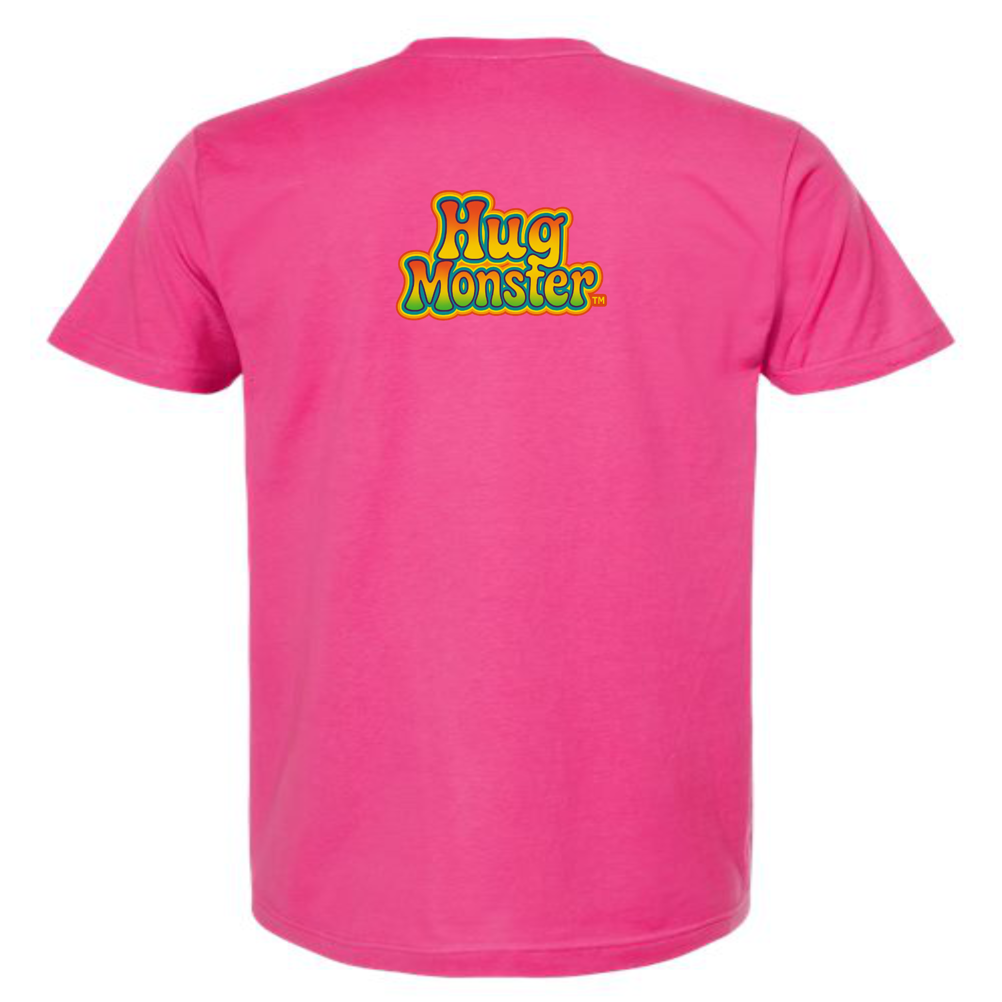Hug Monster Retro Bubble Rainbow T-Shirt - Positive Message Graphic Tee in Bright Fuscia – Back View