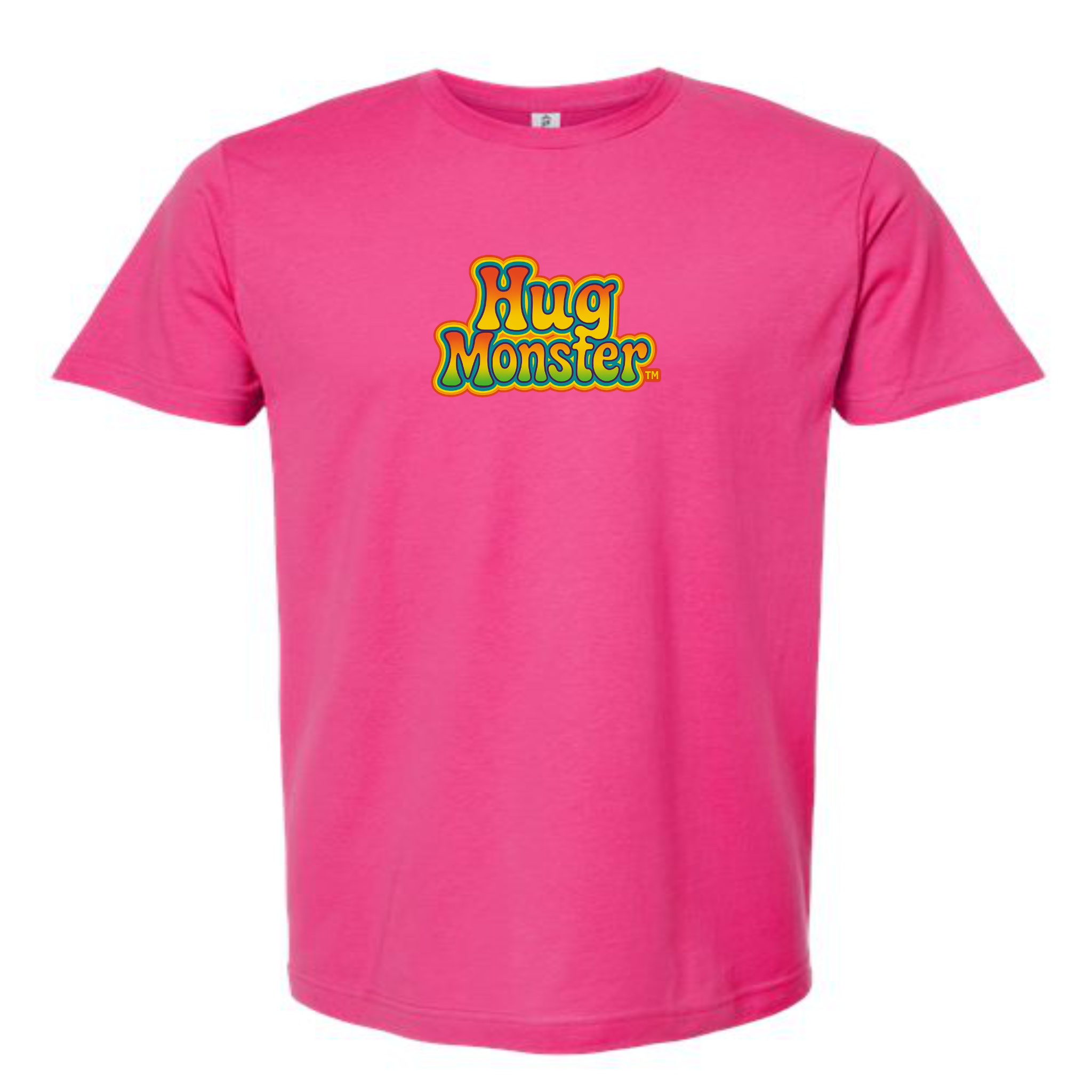 Hug Monster Retro Bubble Rainbow T-Shirt - Positive Message Graphic Tee in Bright Fuscia – Front View