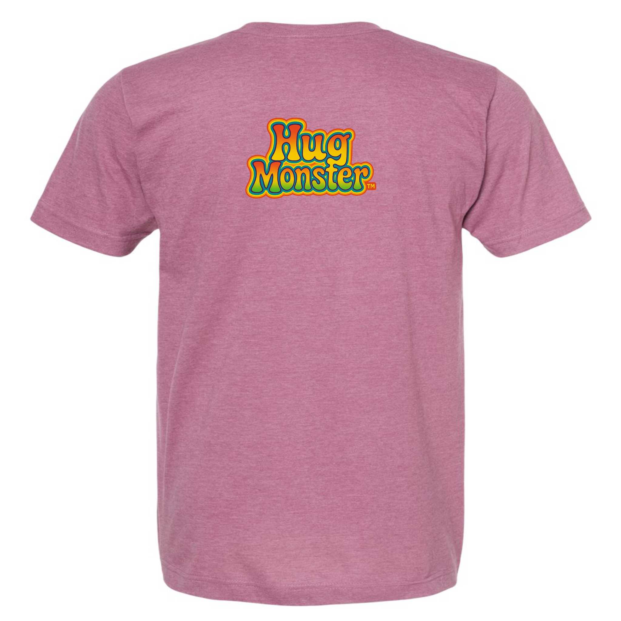 Hug Monster Retro Bubble Rainbow T-Shirt - Positive Message Graphic Tee in Heather Dusty Rose Pink – Back View