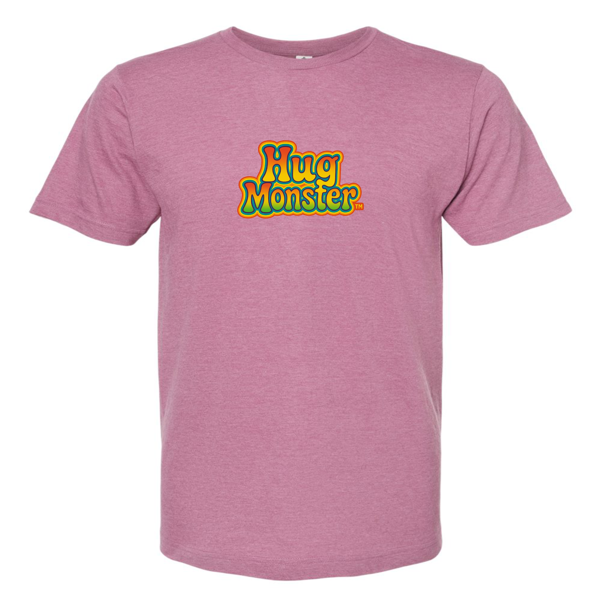 Hug Monster Retro Bubble Rainbow T-Shirt - Positive Message Graphic Tee in Heather Dusty Rose Pink – Front View