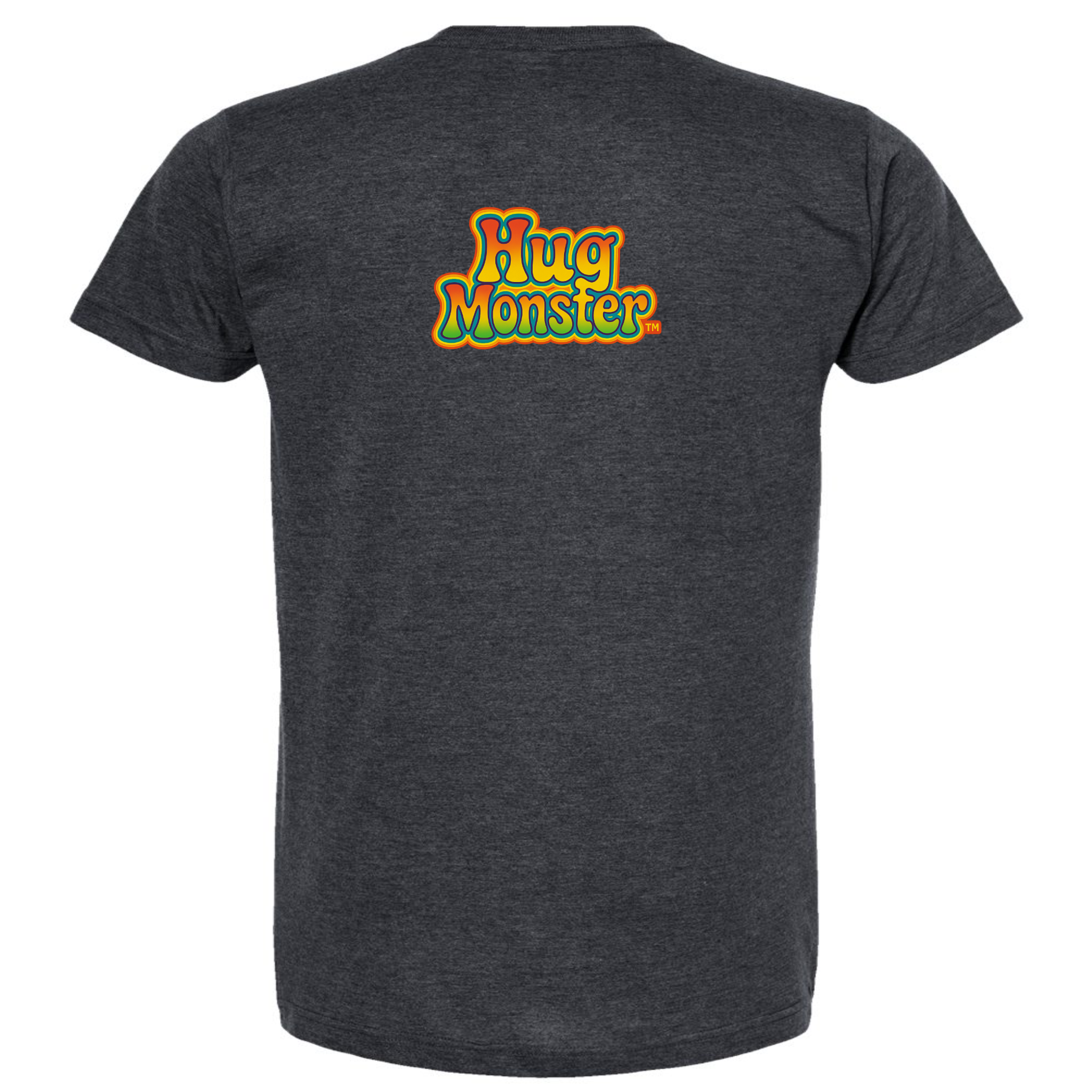 Hug Monster Retro Bubble Rainbow T-Shirt - Positive Message Graphic Tee in Heather Graphite – Back View