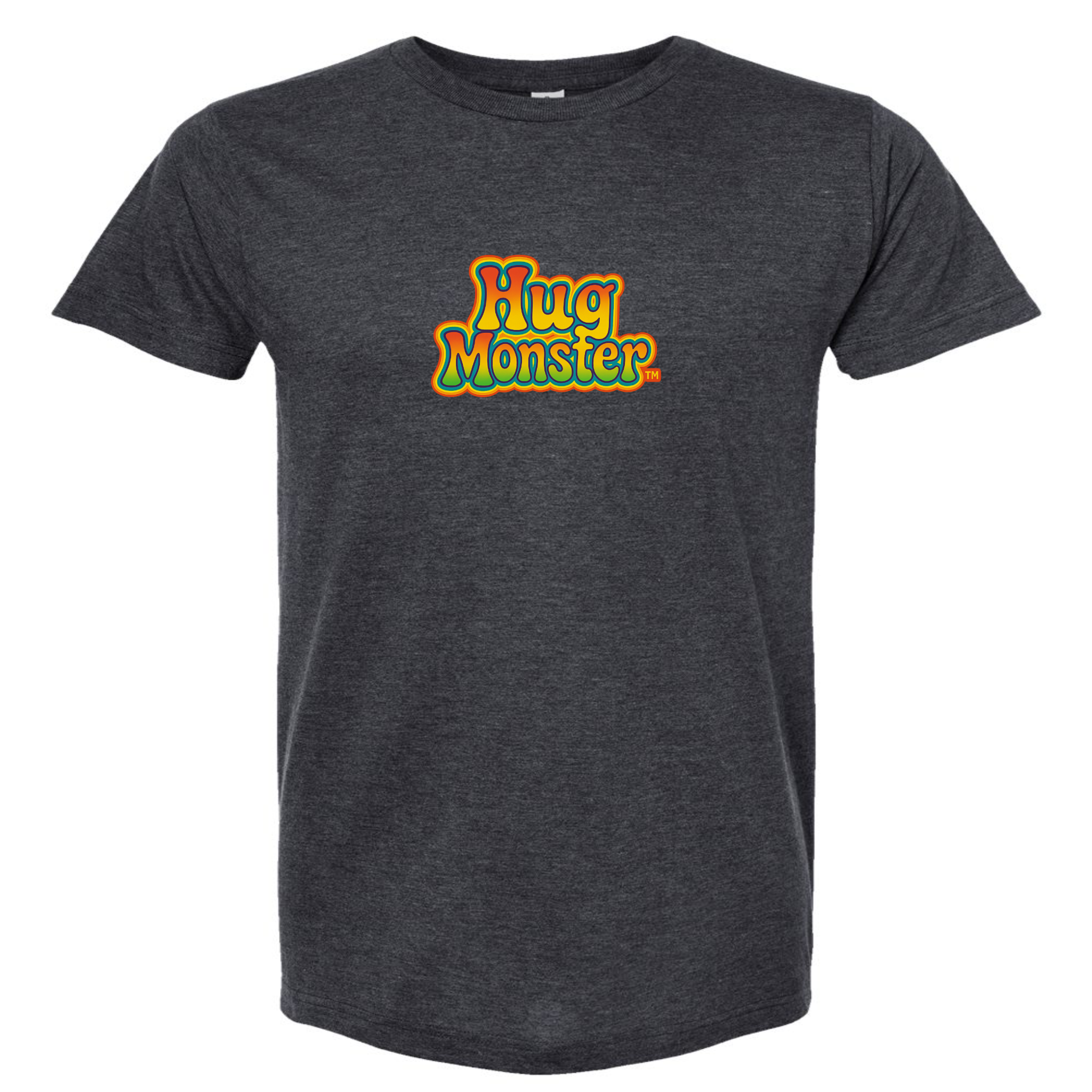 Hug Monster Retro Bubble Rainbow T-Shirt - Positive Message Graphic Tee in Heather Graphite – Front View
