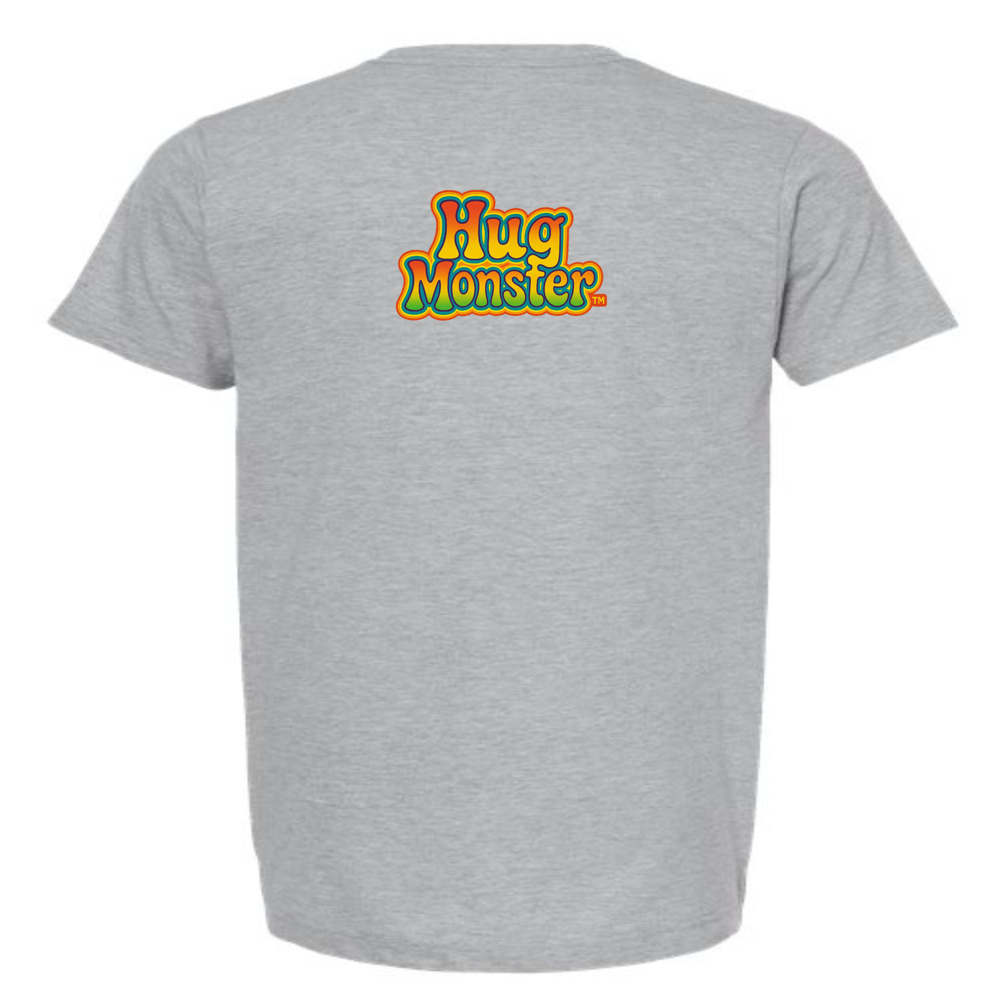 Hug Monster Retro Bubble Rainbow T-Shirt - Positive Message Graphic Tee in Heather Grey – Back View