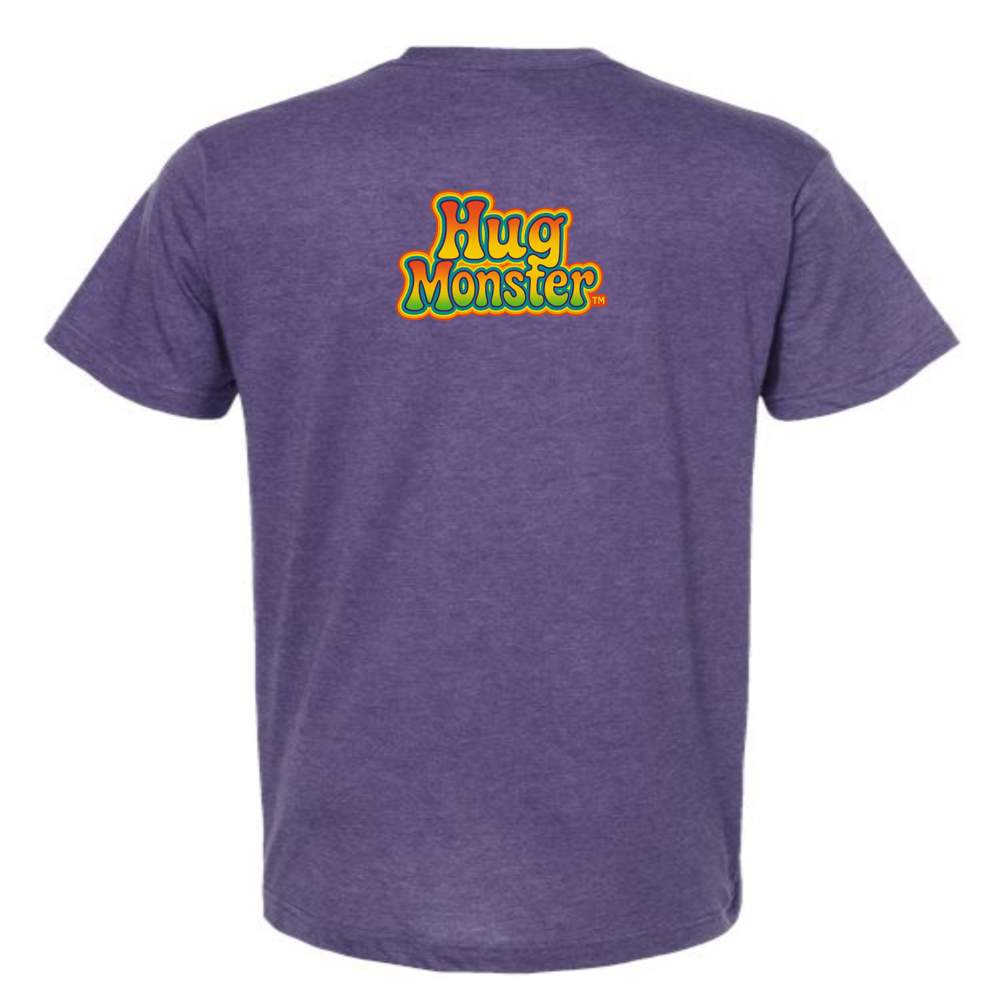 Hug Monster Retro Bubble Rainbow T-Shirt - Positive Message Graphic Tee in Heather Purple – Back View