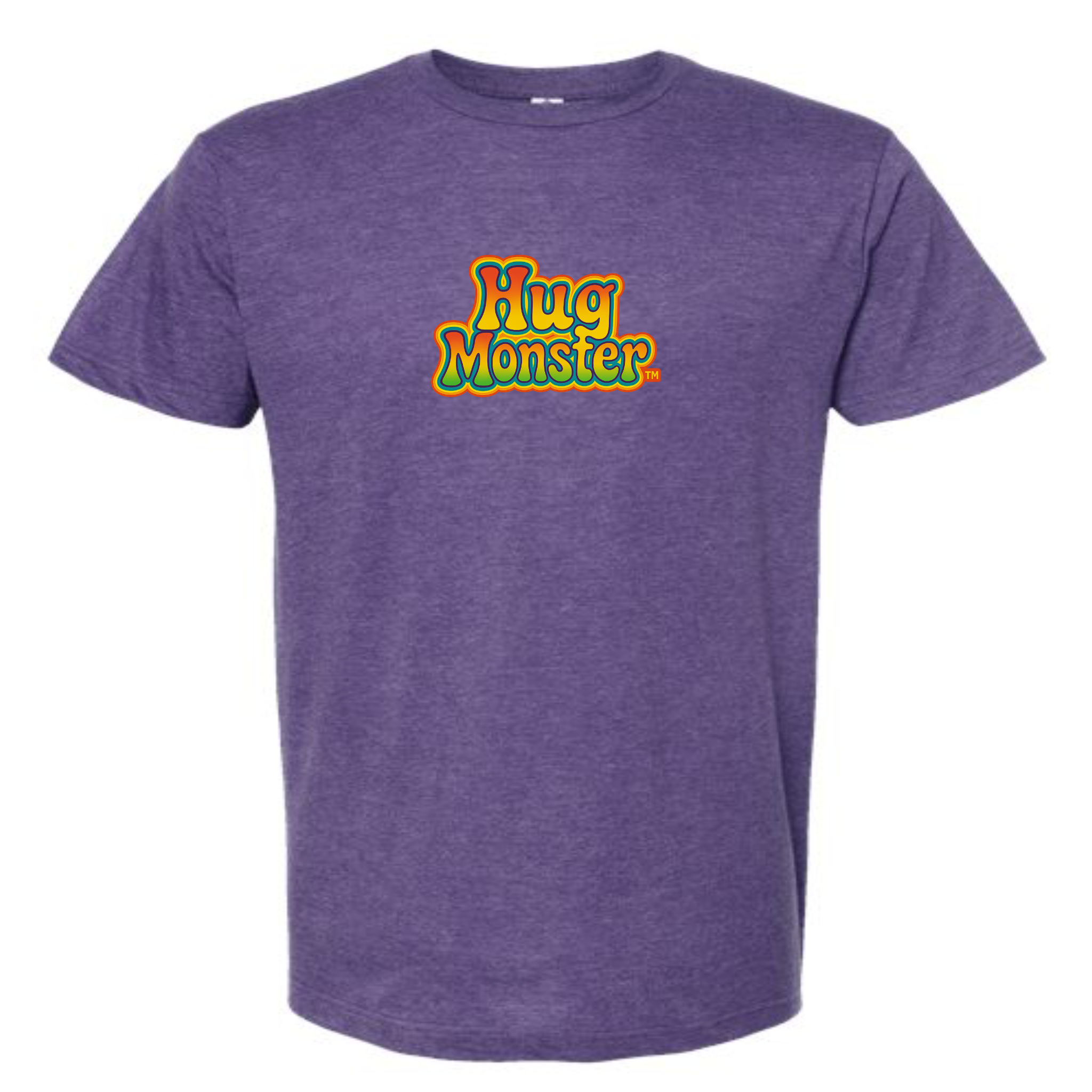 Hug Monster Retro Bubble Rainbow T-Shirt - Positive Message Graphic Tee in Heather Purple – Front View