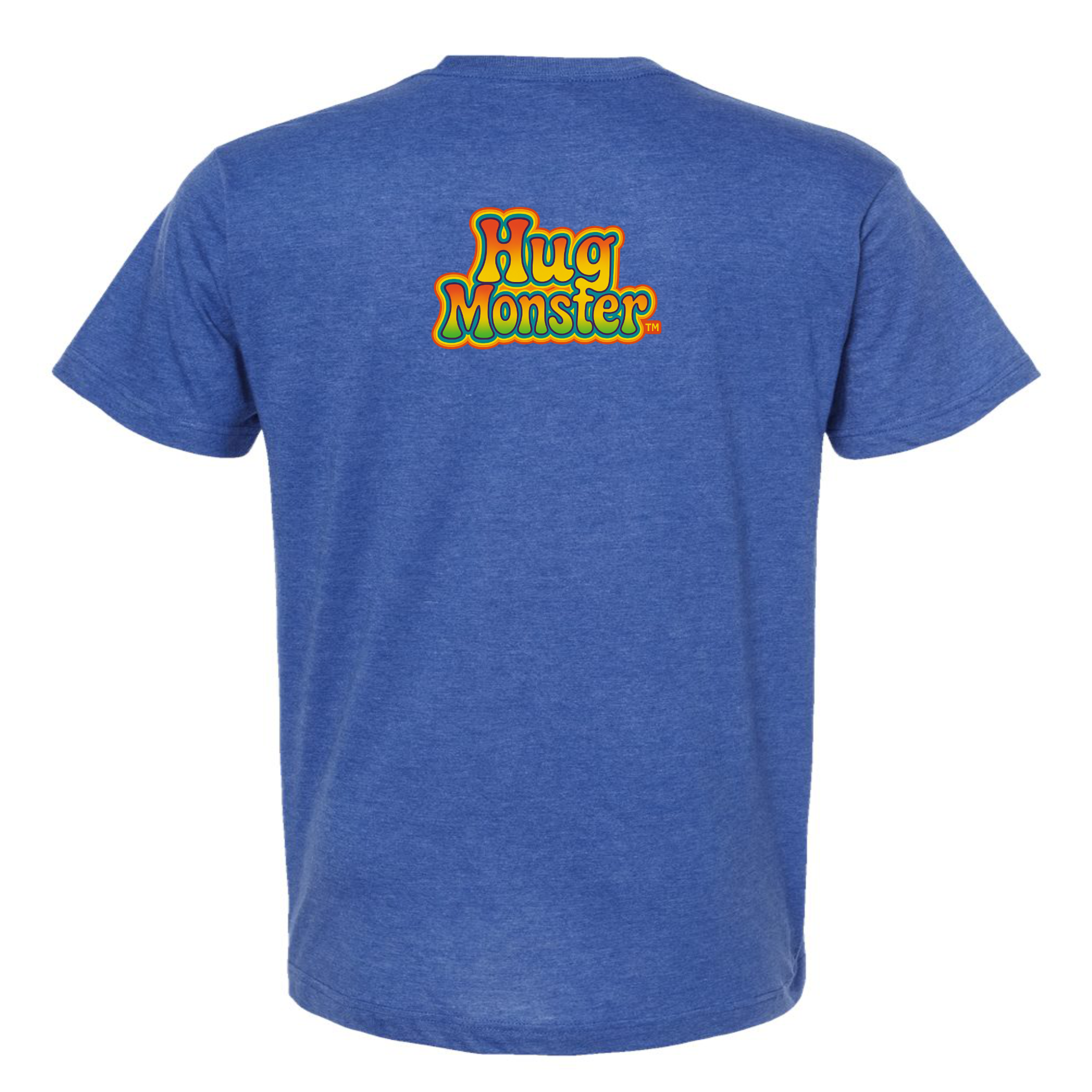 Hug Monster Retro Bubble Rainbow T-Shirt - Positive Message Graphic Tee in Heather Royal Blue – Back View