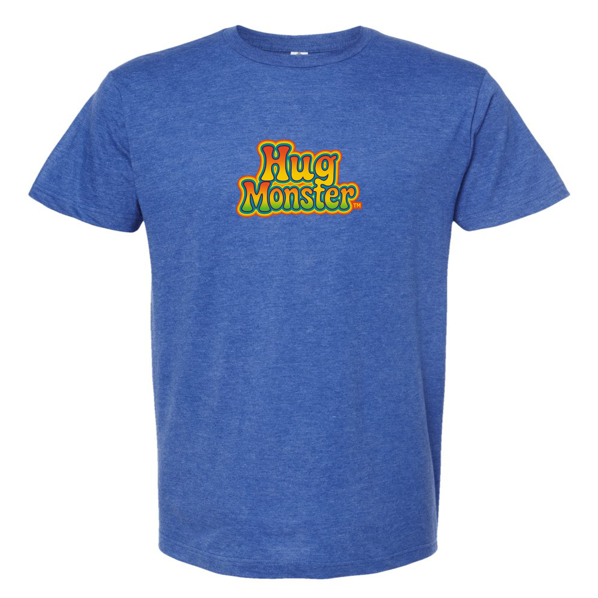 Hug Monster Retro Bubble Rainbow T-Shirt - Positive Message Graphic Tee in Heather Royal Blue – Front View