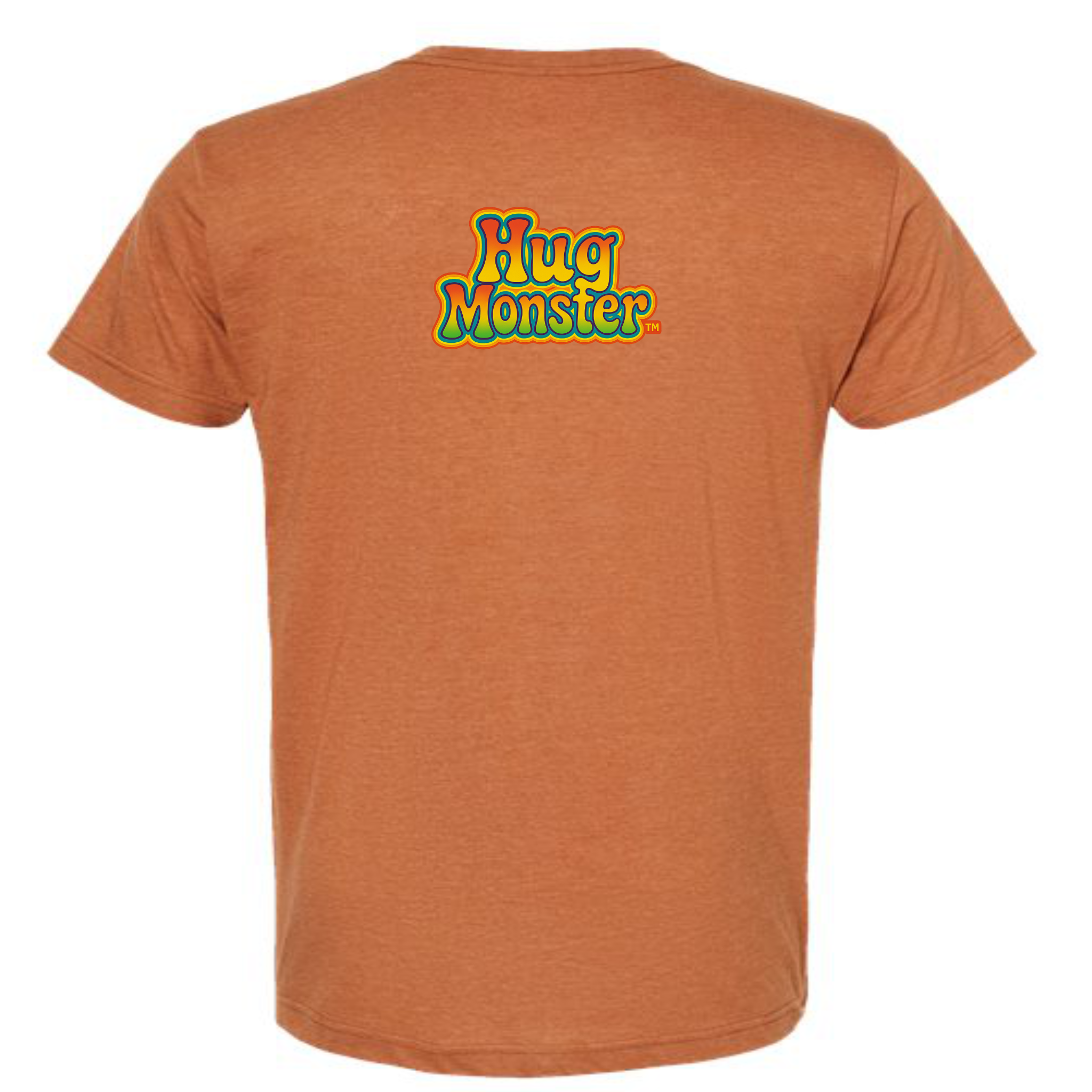 Hug Monster Retro Bubble Rainbow T-Shirt - Positive Message Graphic Tee in Heather Rust – Back View
