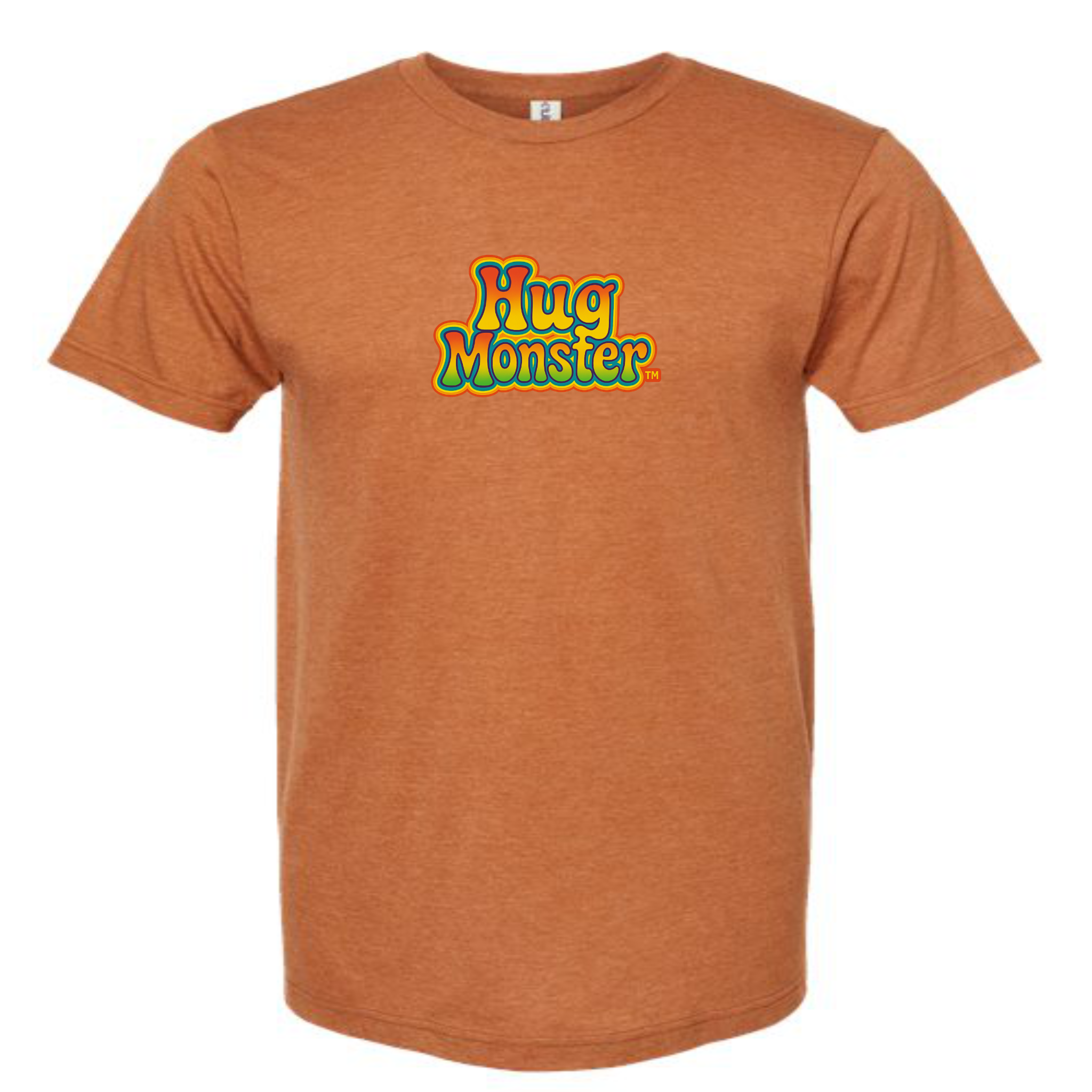 Hug Monster Retro Bubble Rainbow T-Shirt - Positive Message Graphic Tee in Heather Rust – Front View