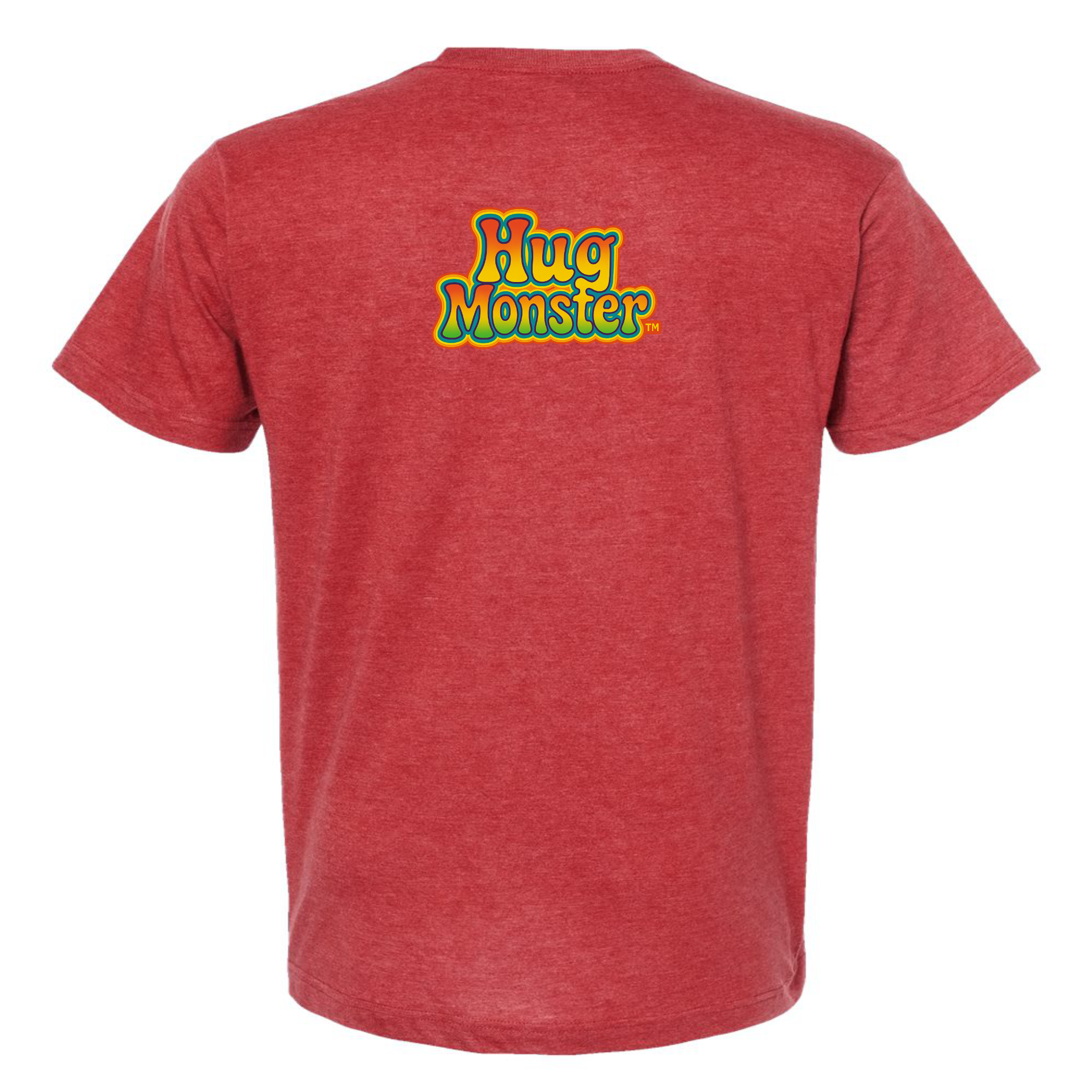 Hug Monster Retro Bubble Rainbow T-Shirt - Positive Message Graphic Tee in Heather Scarlet Red – Back View