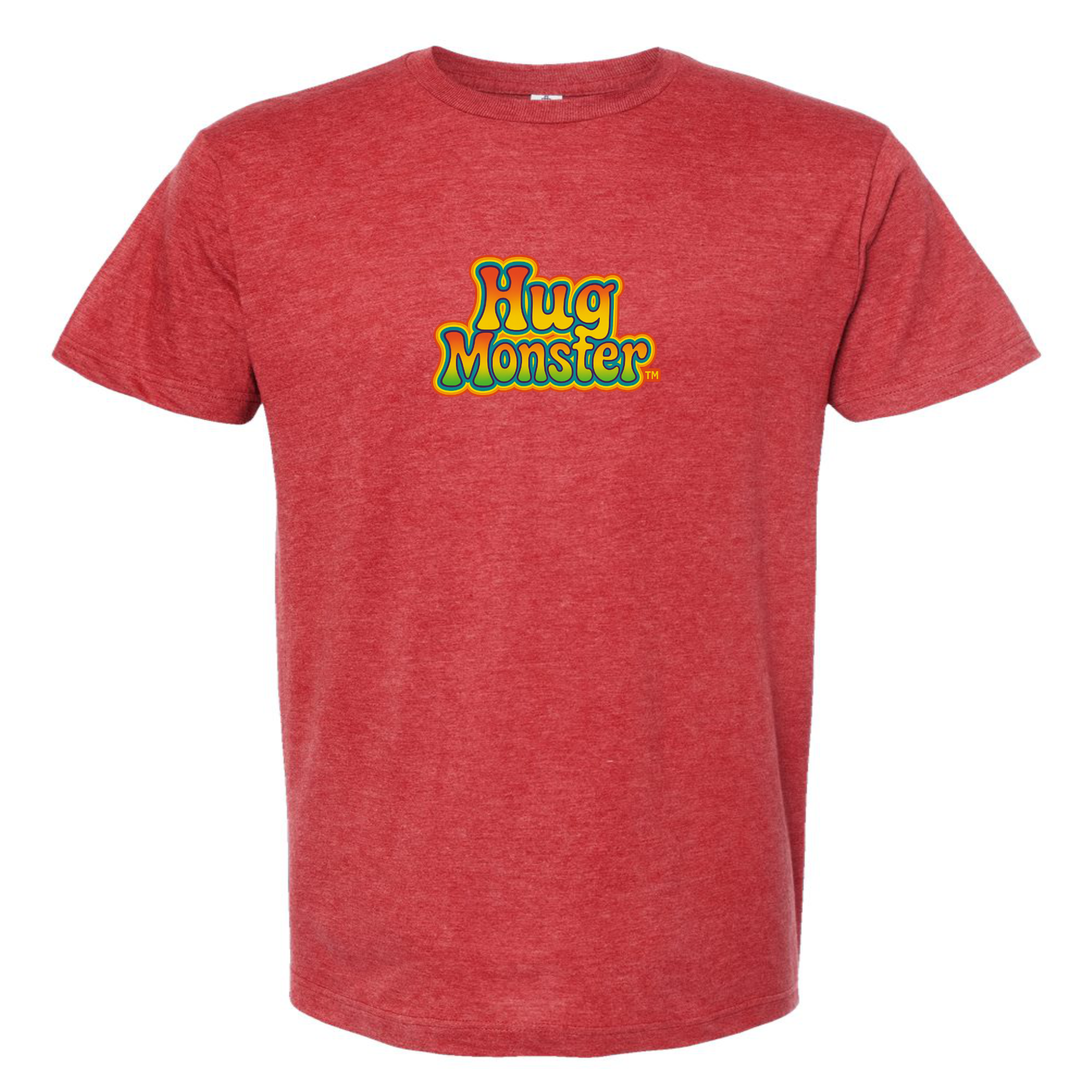 Hug Monster Retro Bubble Rainbow T-Shirt - Positive Message Graphic Tee in Heather Scarlet Red – Front View