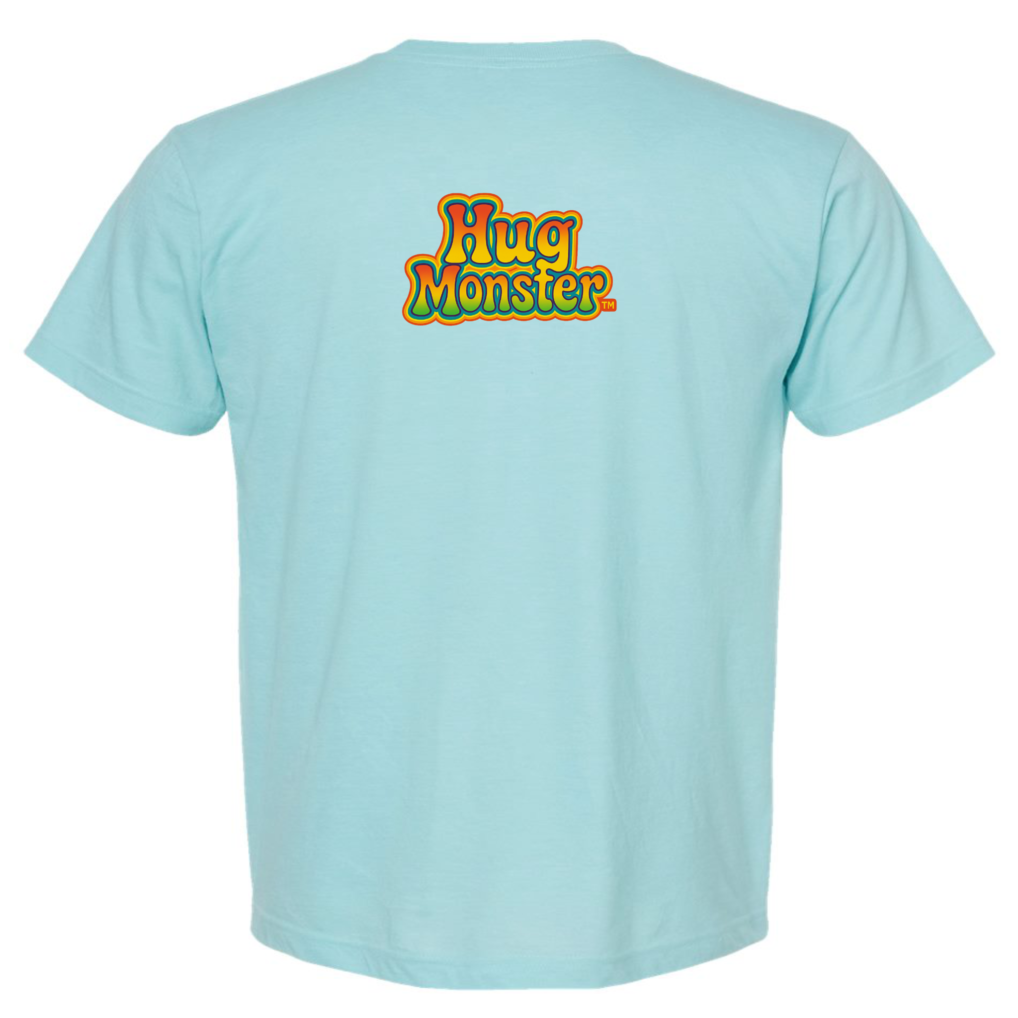 Hug Monster Retro Bubble Rainbow T-Shirt - Positive Message Graphic Tee in Heather Turquoise – Back View