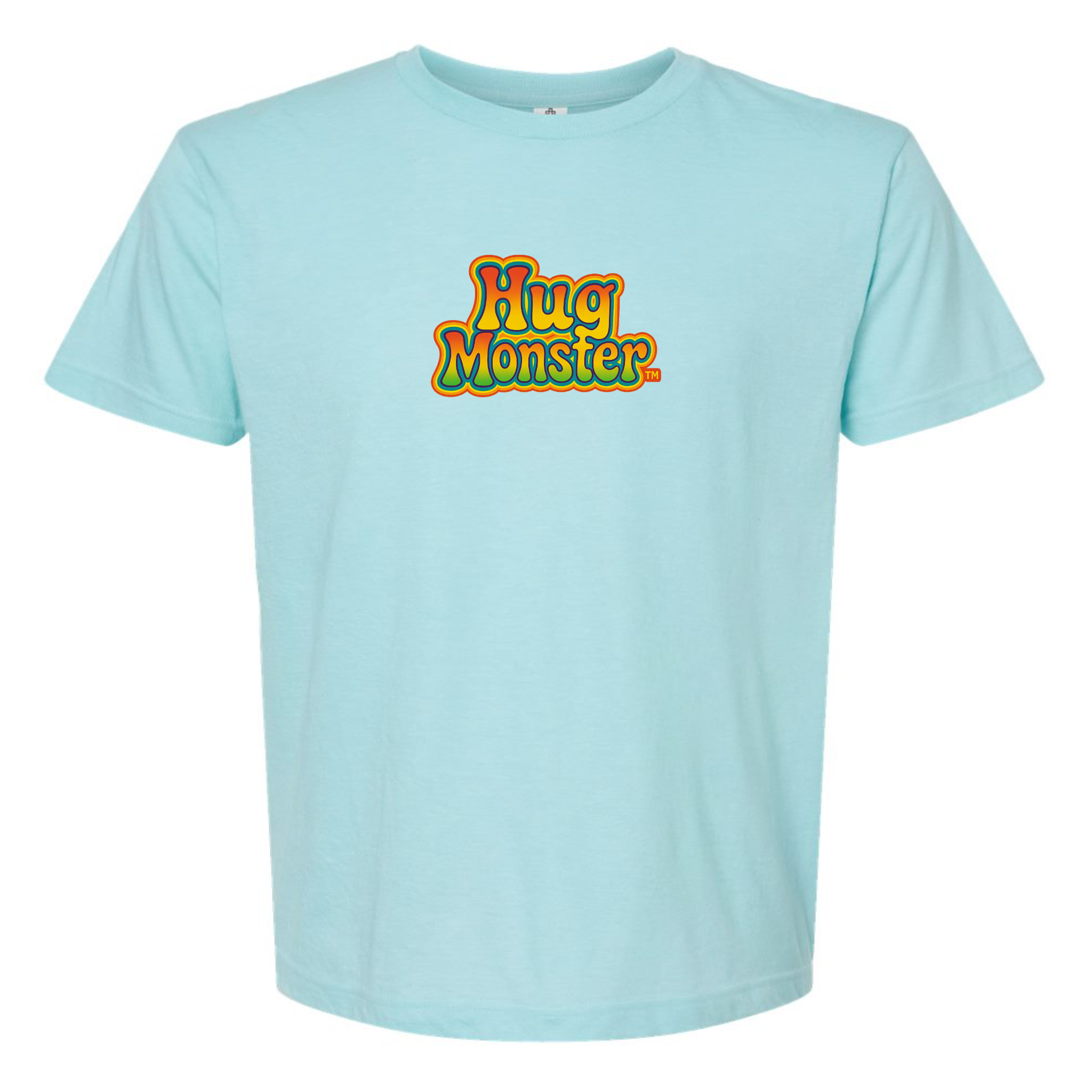 Hug Monster Retro Bubble Rainbow T-Shirt - Positive Message Graphic Tee in Heather Turquoise – Front View
