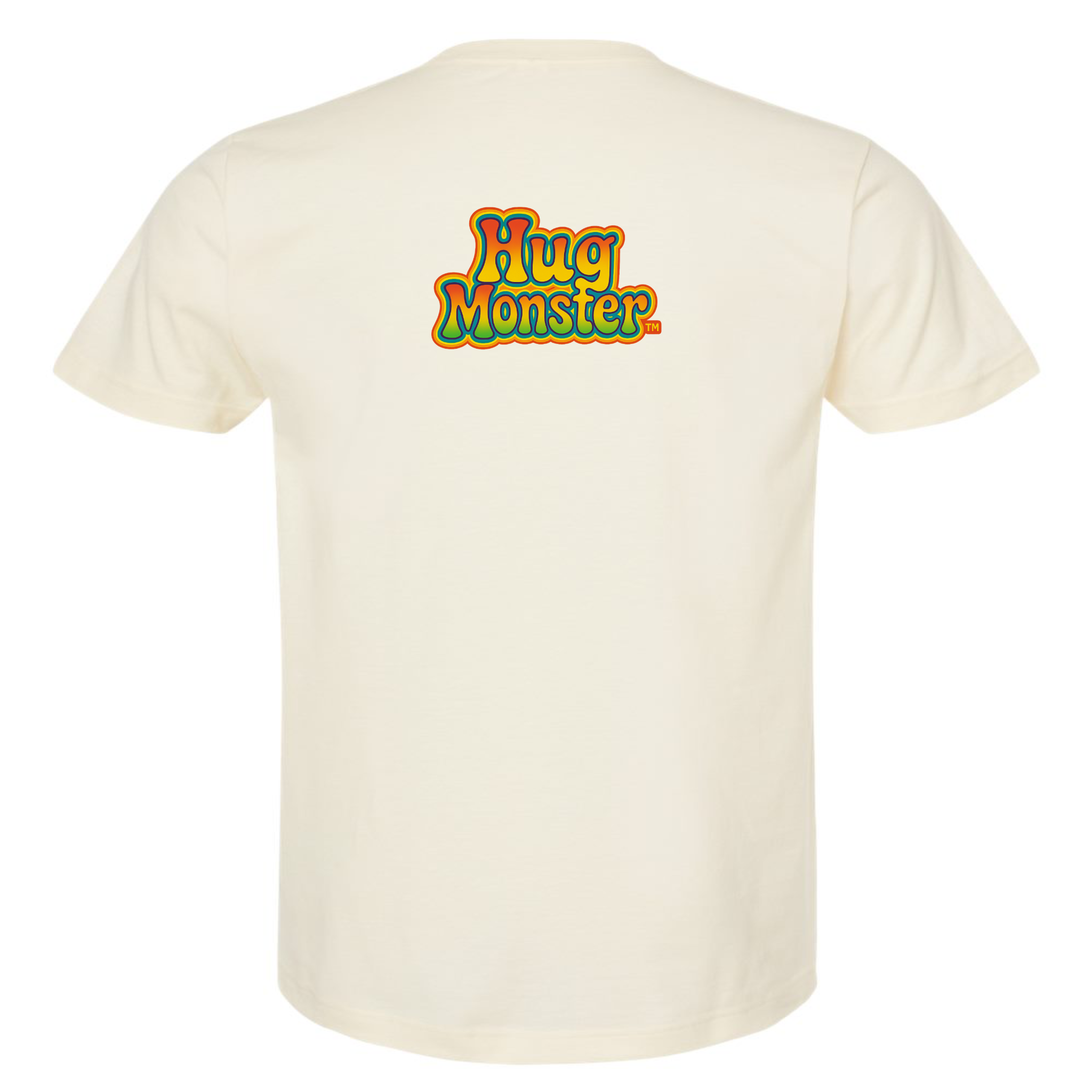 Hug Monster Retro Bubble Rainbow T-Shirt - Positive Message Graphic Tee in Natural – Back View
