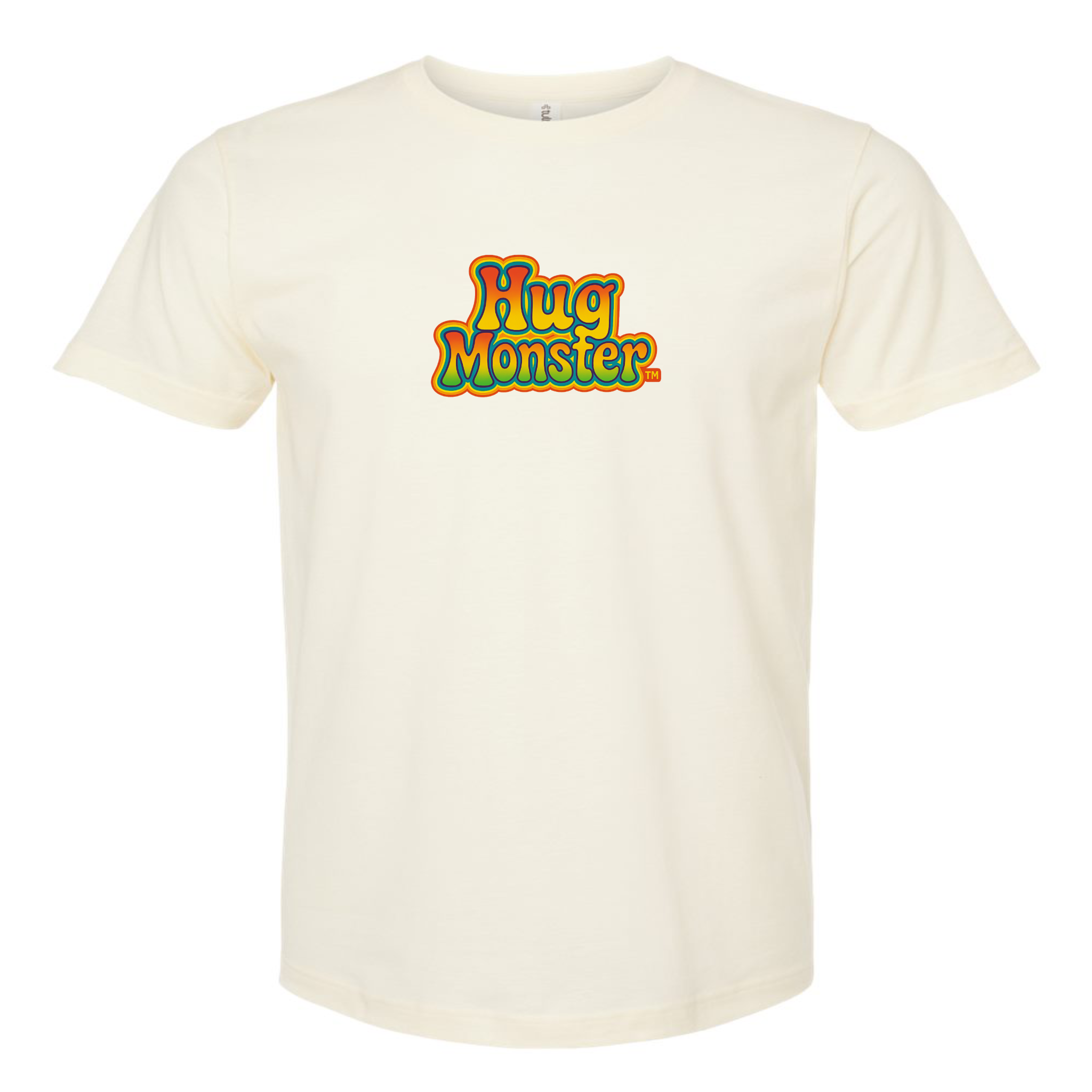 Hug Monster Retro Bubble Rainbow T-Shirt - Positive Message Graphic Tee in Natural – Front View