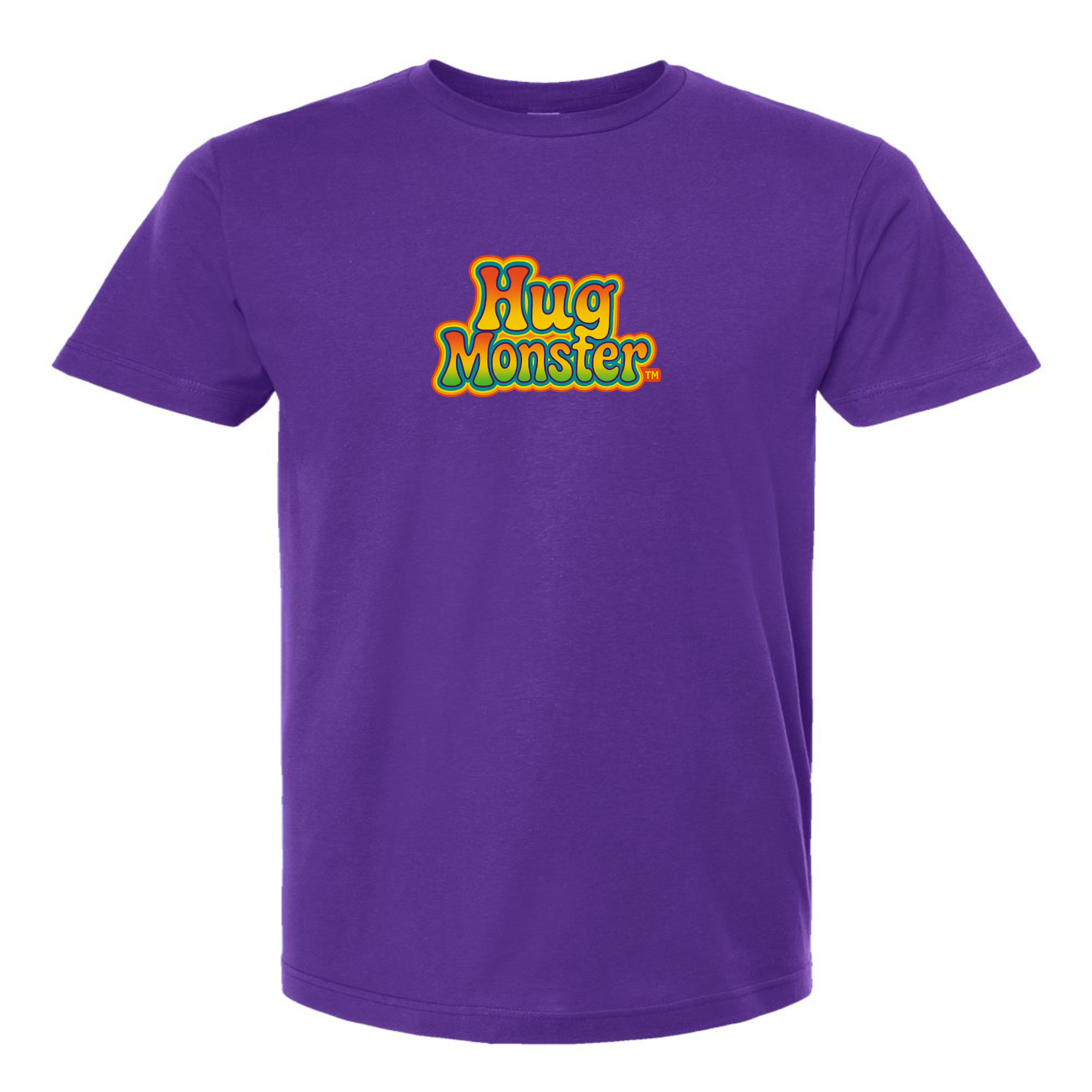Hug Monster Retro Bubble Rainbow T-Shirt - Positive Message Graphic Tee in Purple – Front View