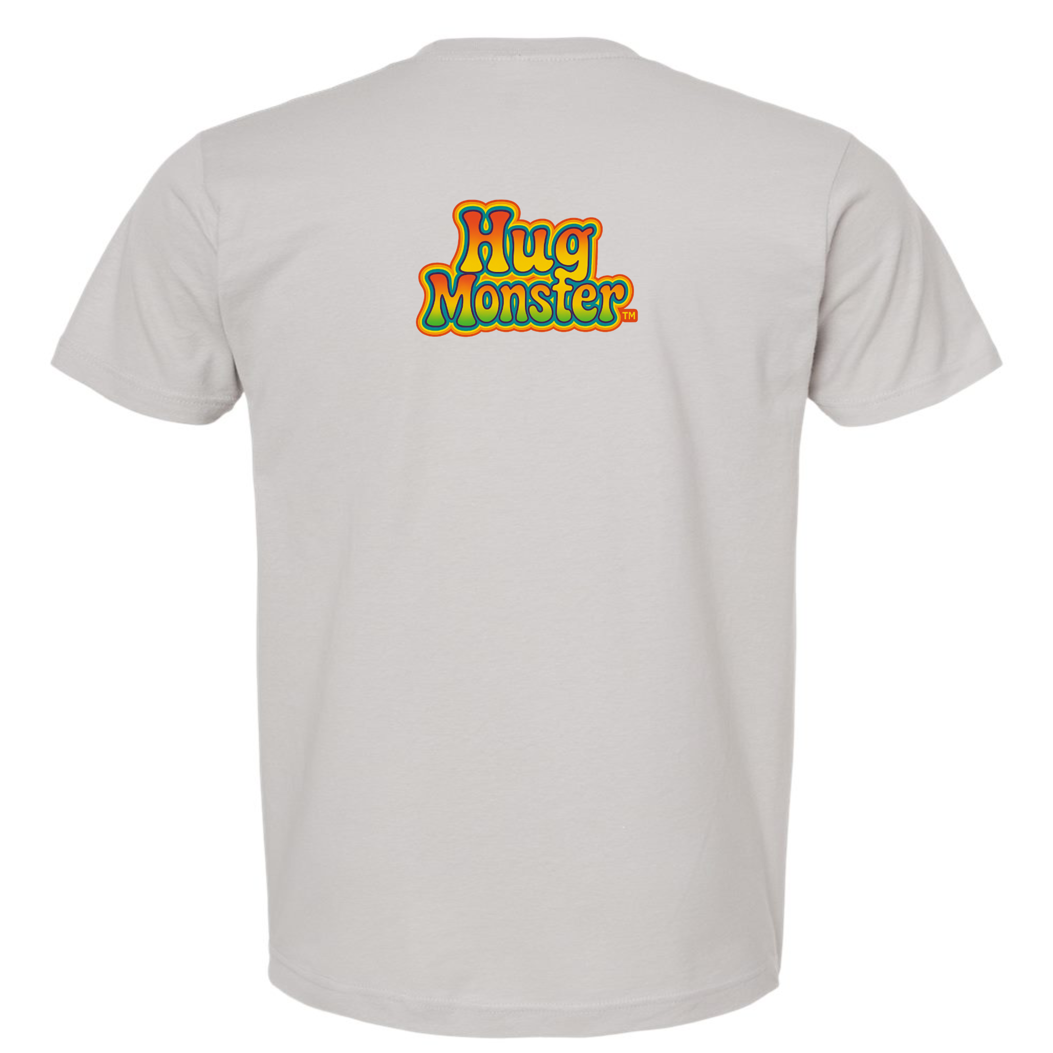 Hug Monster Retro Bubble Rainbow T-Shirt - Positive Message Graphic Tee in Silver – Back View