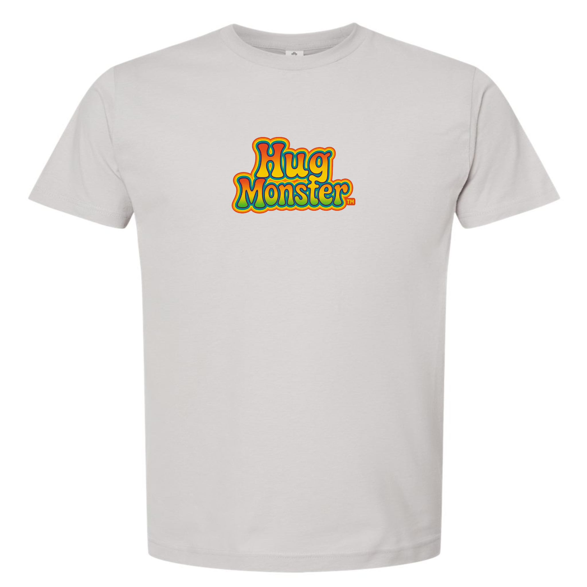Hug Monster Retro Bubble Rainbow T-Shirt - Positive Message Graphic Tee in Silver – Front View