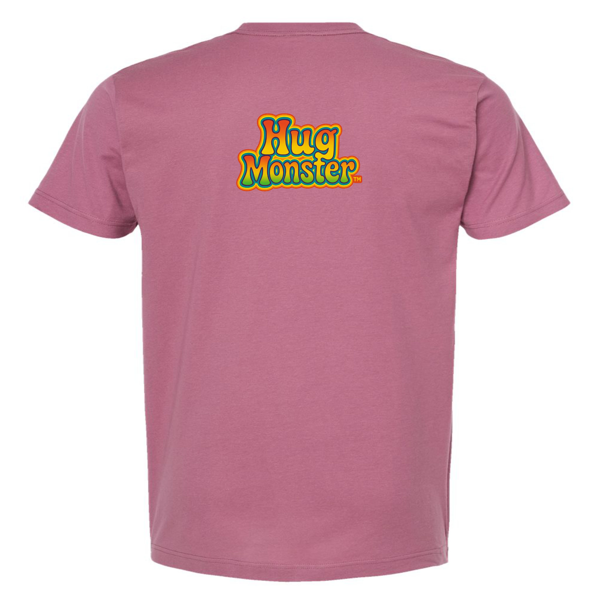 Hug Monster Retro Bubble Rainbow T-Shirt - Positive Message Graphic Tee in Soft Dusty Rose Pink – Back View