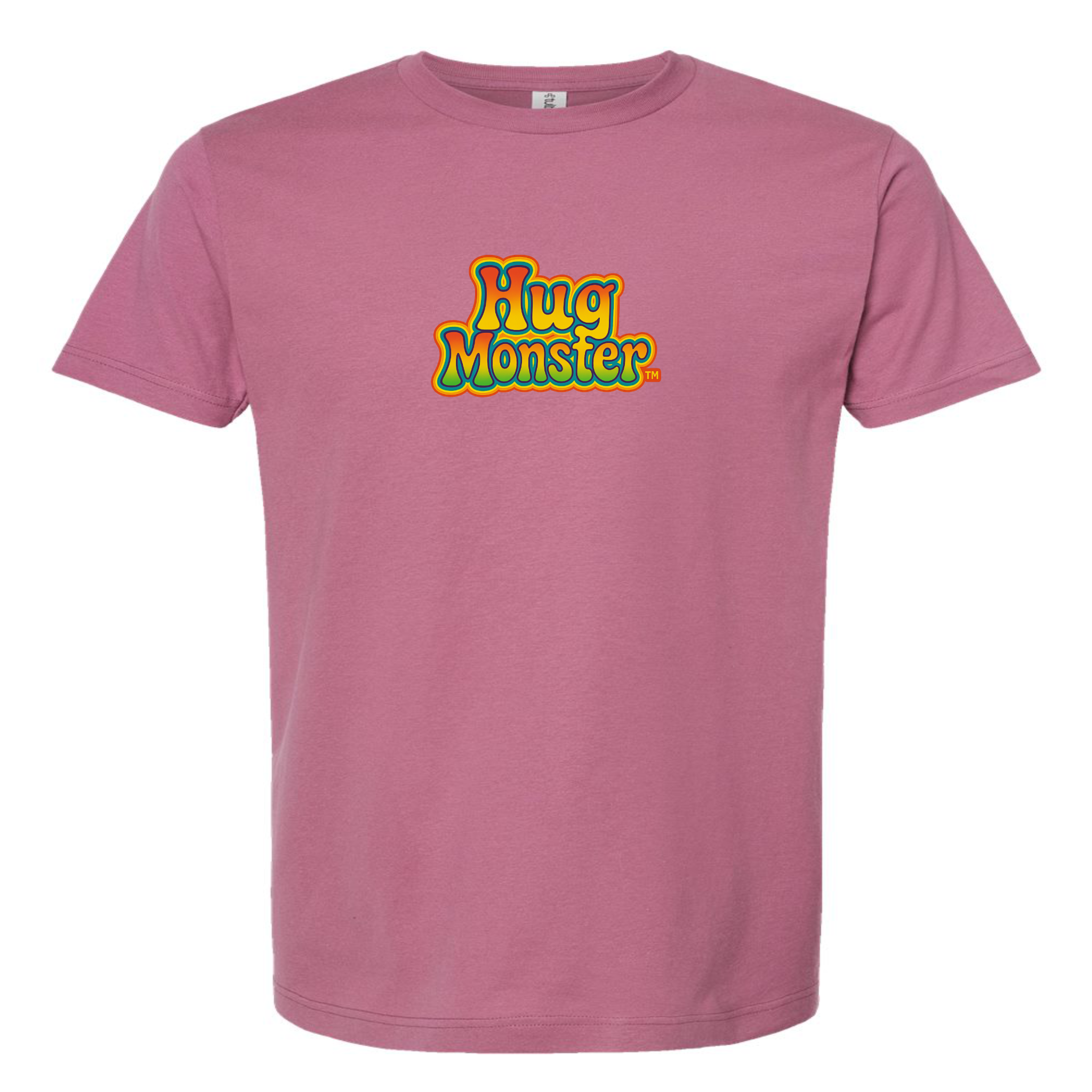 Hug Monster Retro Bubble Rainbow T-Shirt - Positive Message Graphic Tee in Soft Dusty Rose Pink – Front View