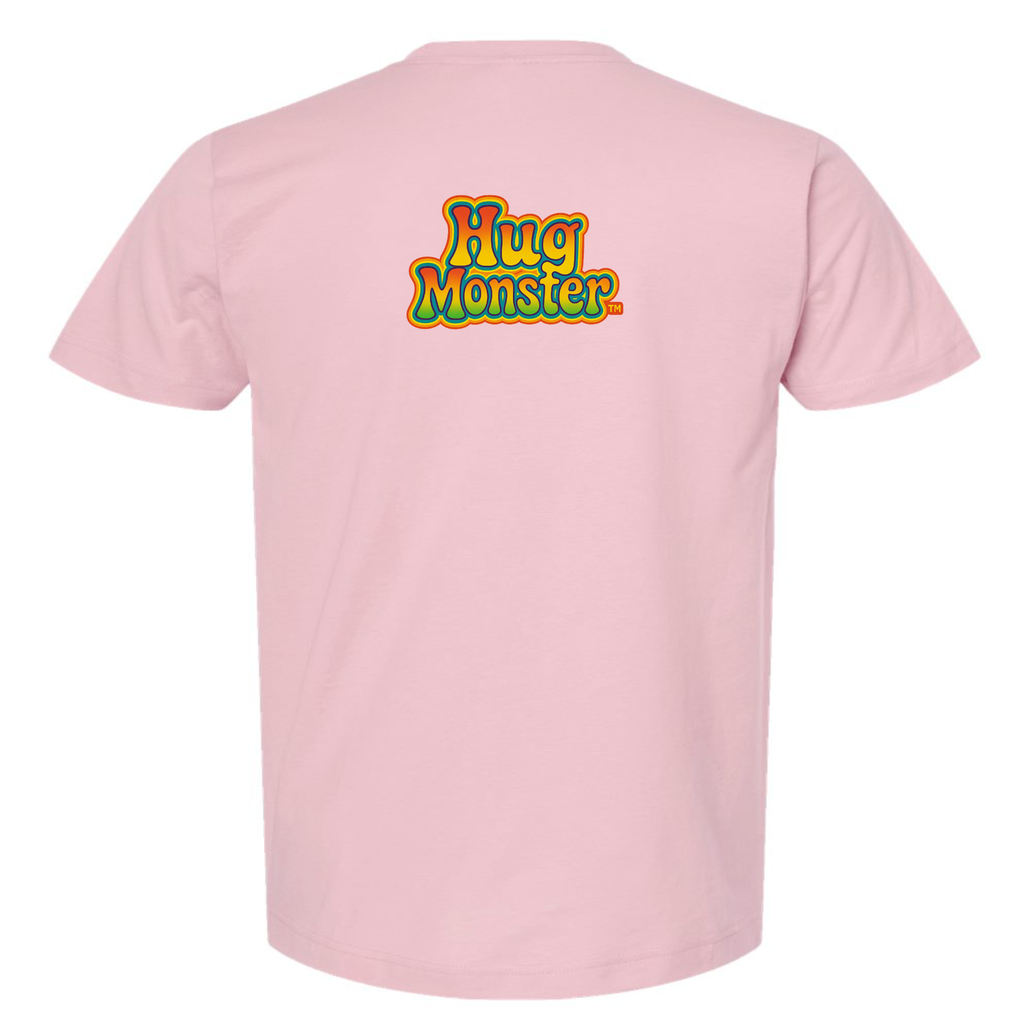 Hug Monster Retro Bubble Rainbow T-Shirt - Positive Message Graphic Tee in Soft Pink – Back View