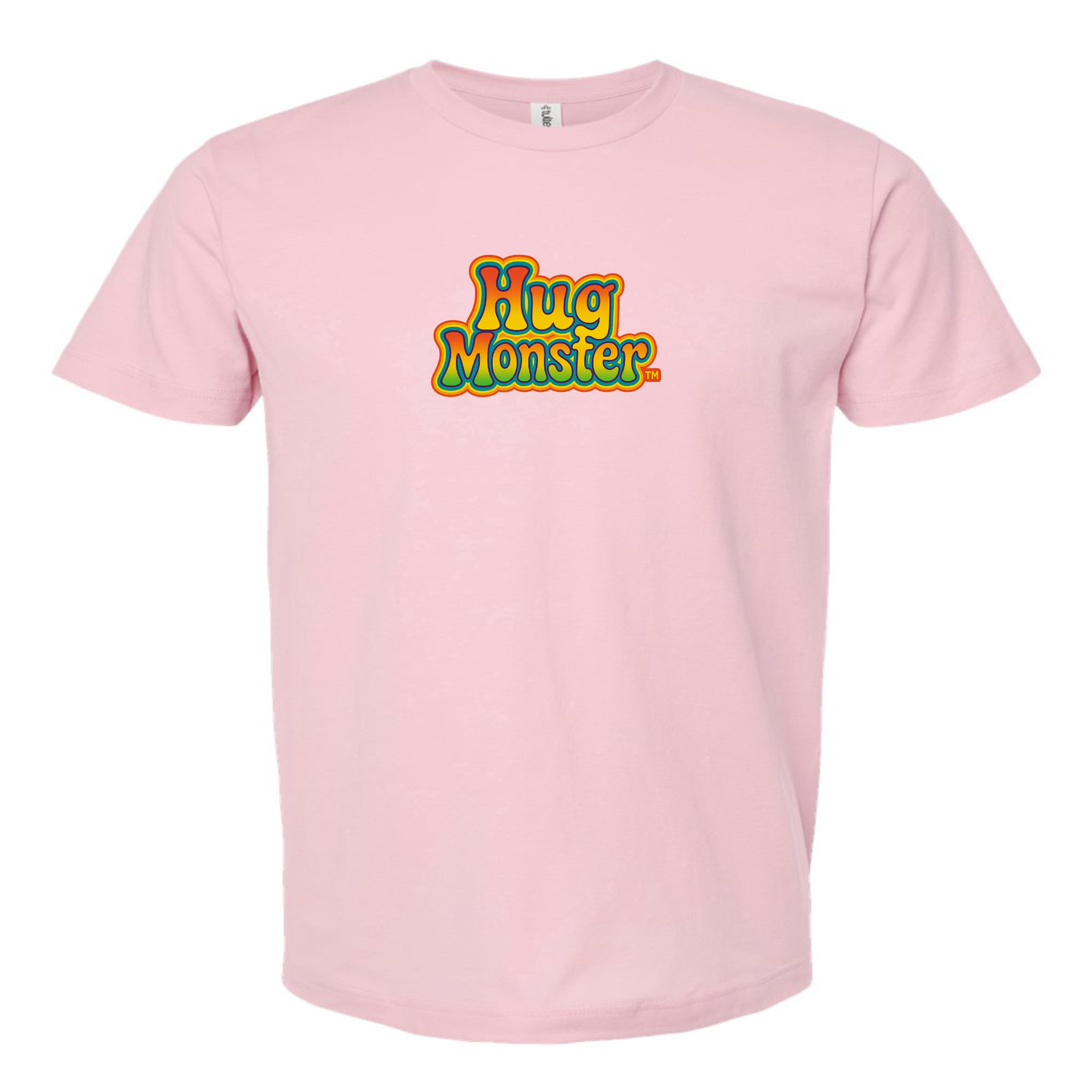 Hug Monster Retro Bubble Rainbow T-Shirt - Positive Message Graphic Tee in Soft Pink – Front View