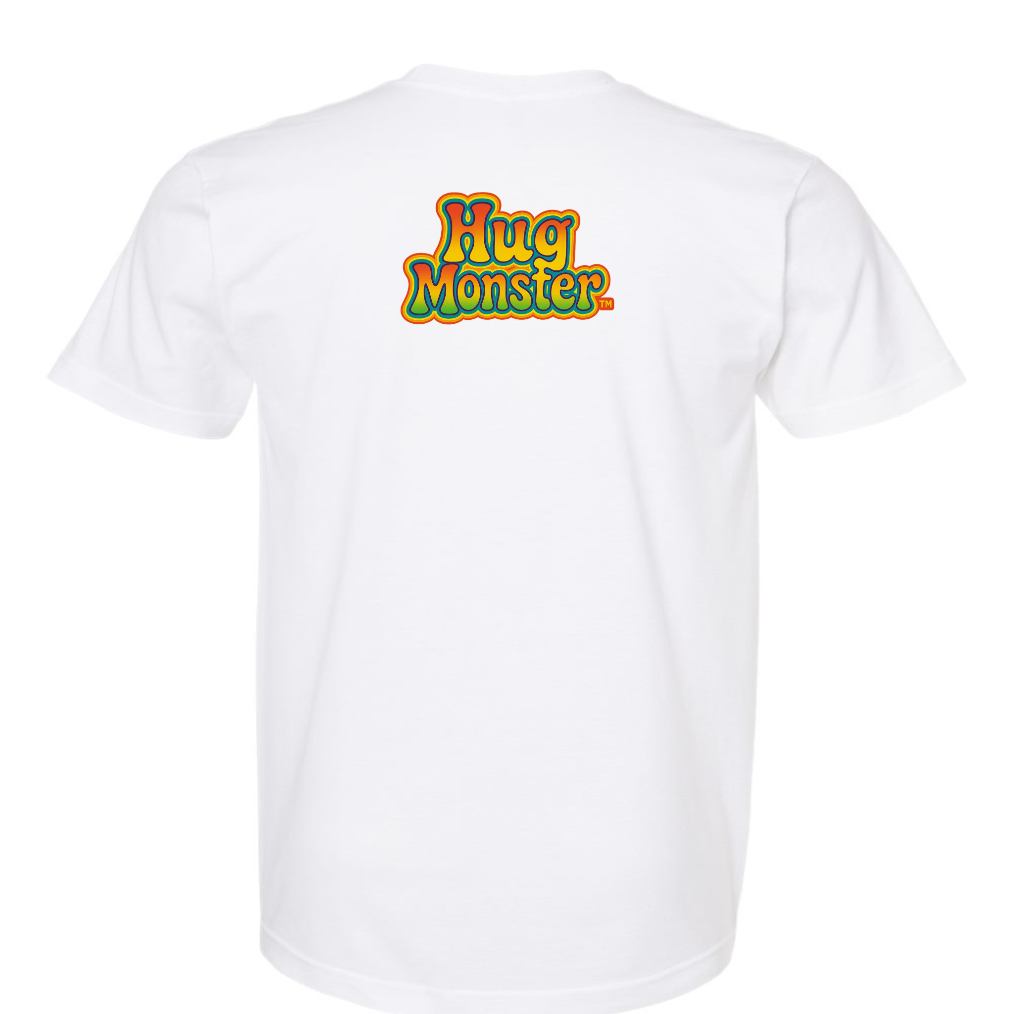 Hug Monster Retro Bubble Rainbow T-Shirt - Positive Message Graphic Tee in White – Back View