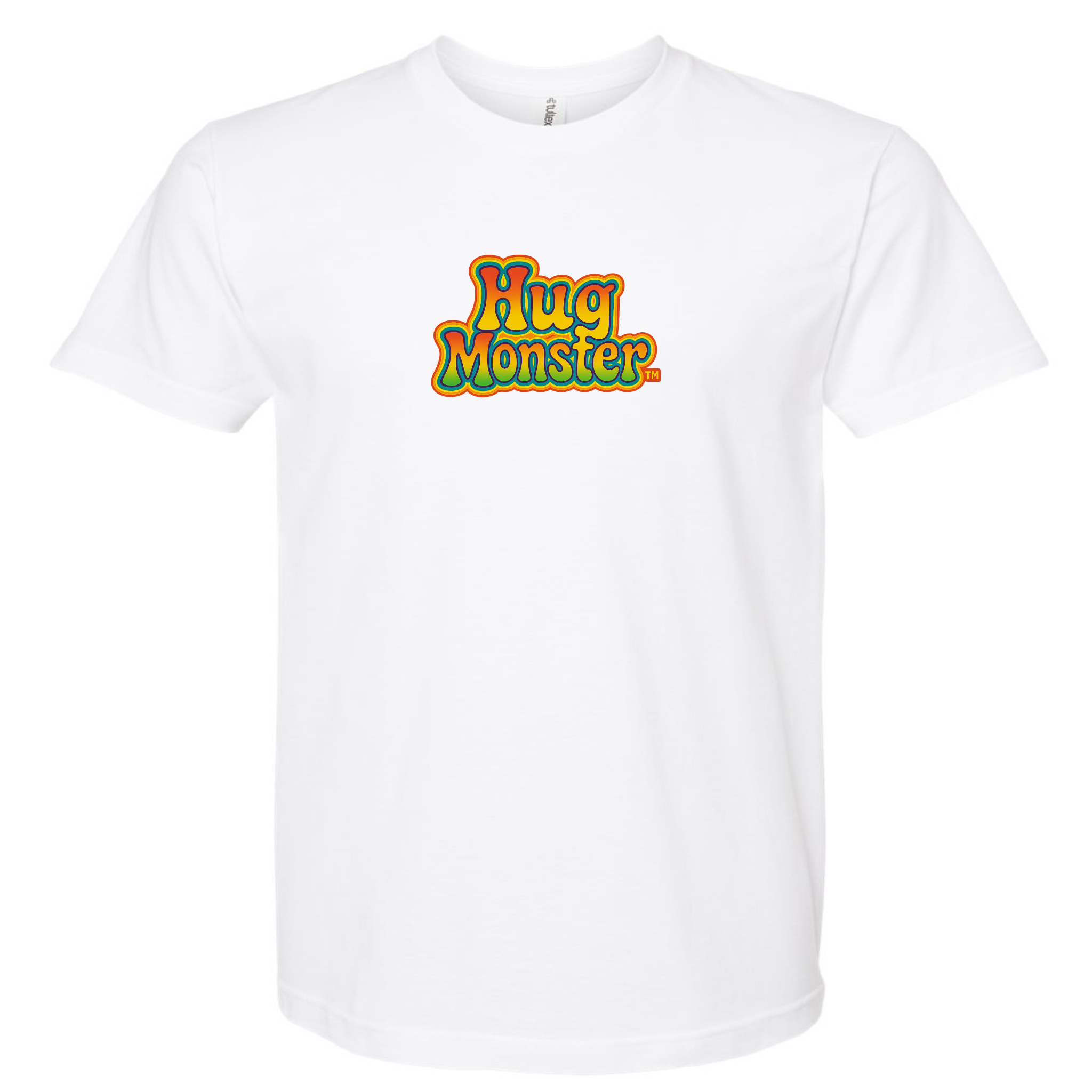 Hug Monster Retro Bubble Rainbow T-Shirt - Positive Message Graphic Tee in White – Front View