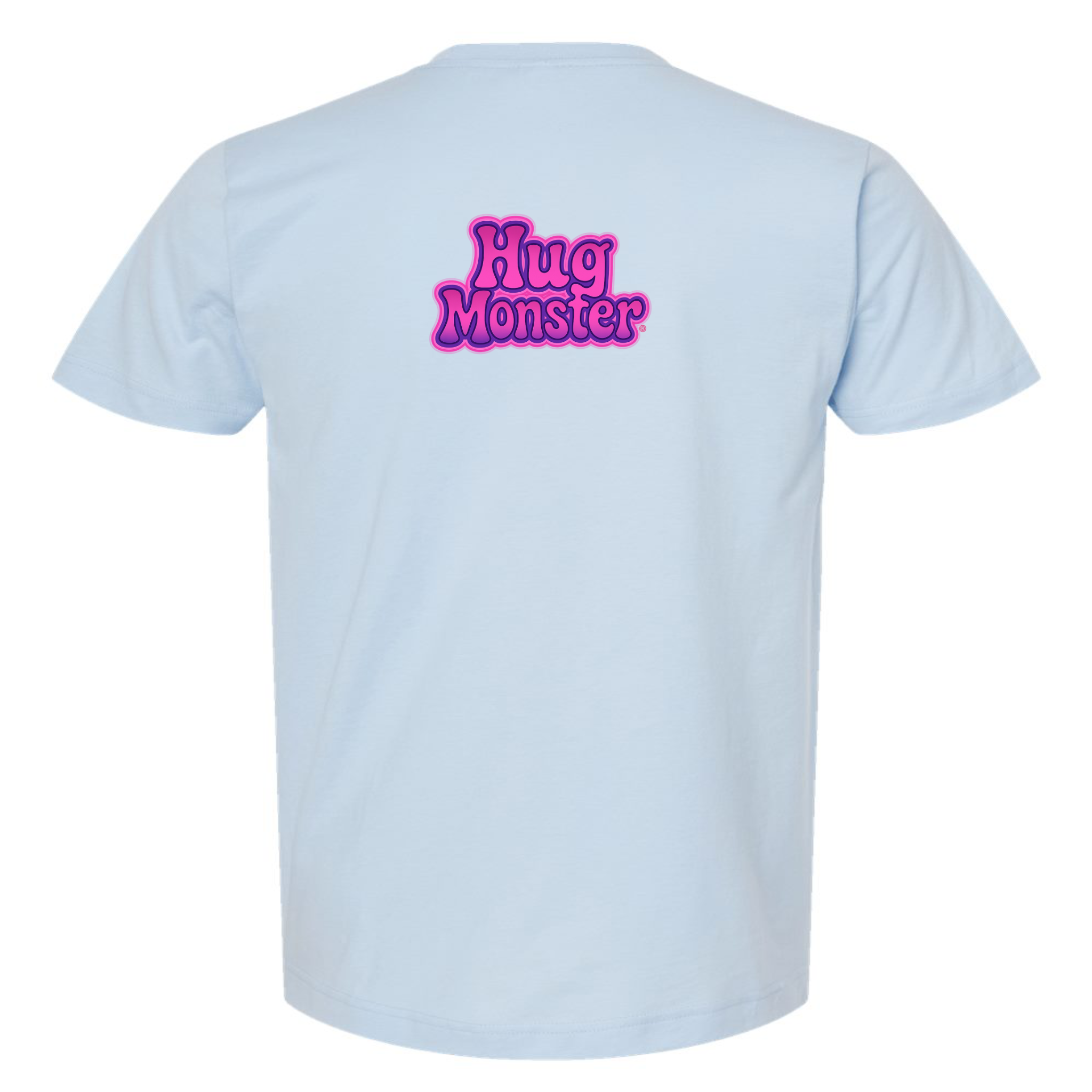 Hug Monster "Retro Bubble" (Pink and Purple) T-Shirt - Positive Message Graphic Tee in Baby Blue – Back View