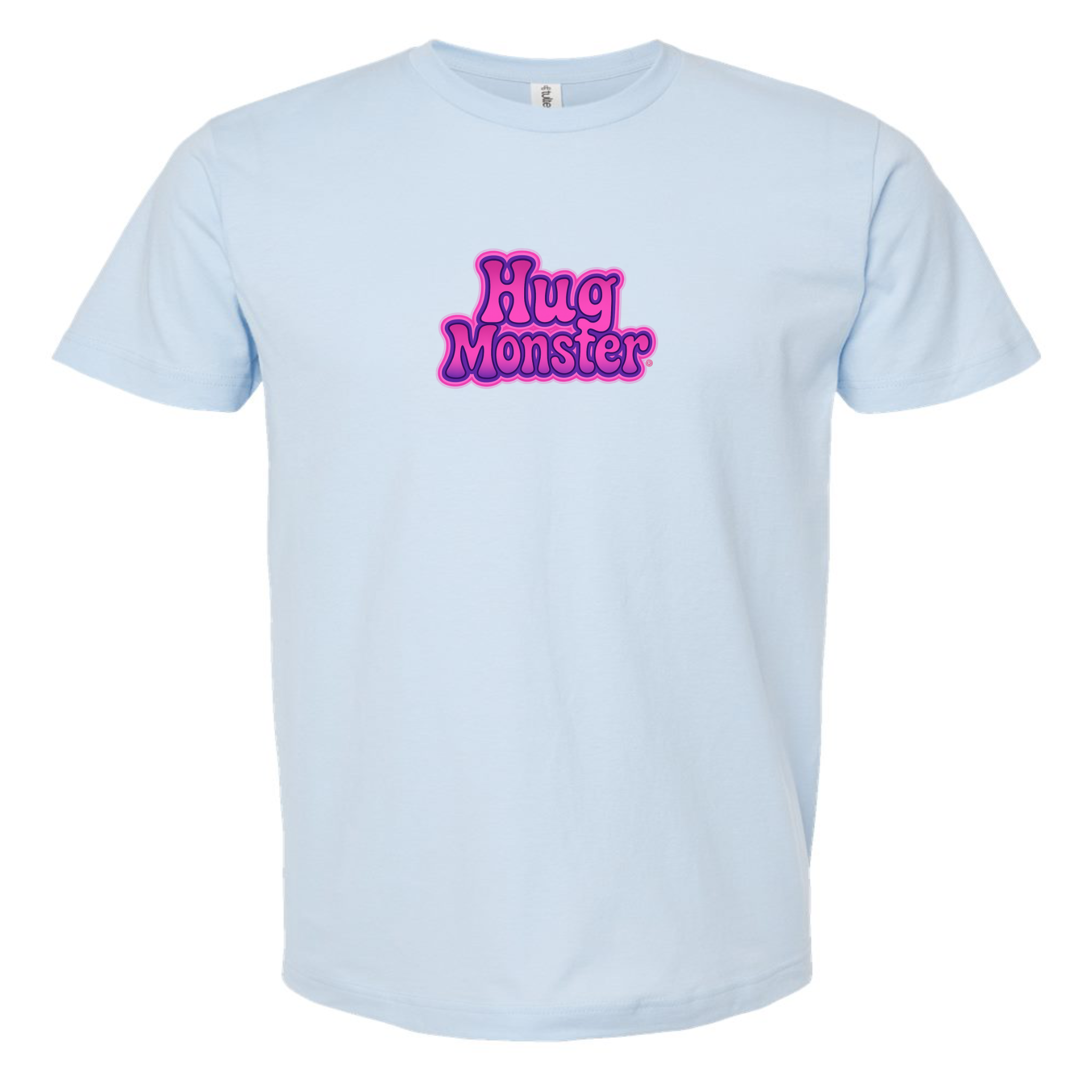 Hug Monster "Retro Bubble" (Pink and Purple) T-Shirt - Positive Message Graphic Tee in Baby Blue – Front View