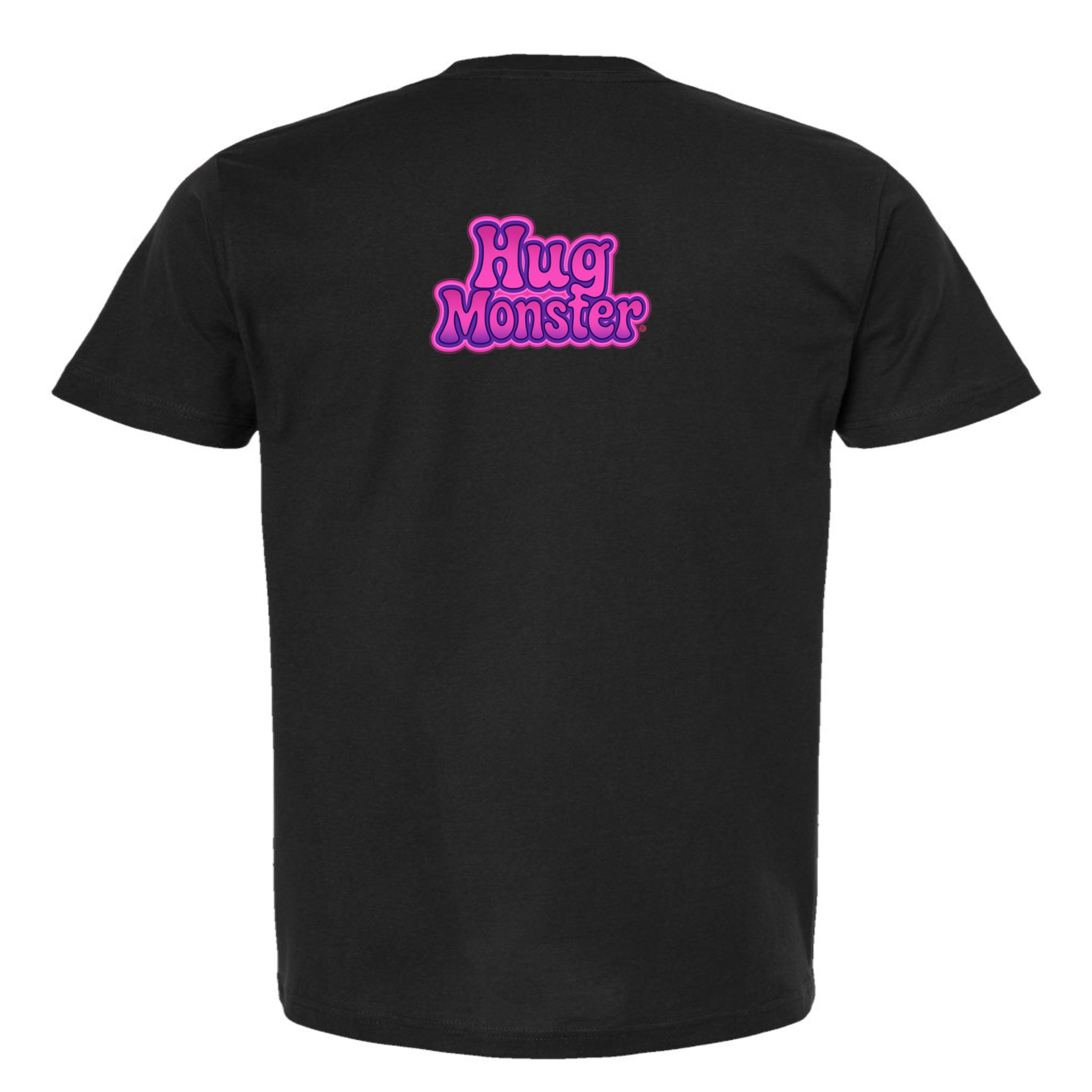 Hug Monster "Retro Bubble" (Pink and Purple) T-Shirt - Positive Message Graphic Tee in Black – Back View