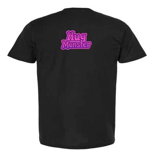 Hug Monster "Retro Bubble" (Pink and Purple) T-Shirt - Positive Message Graphic Tee in Black – Back View