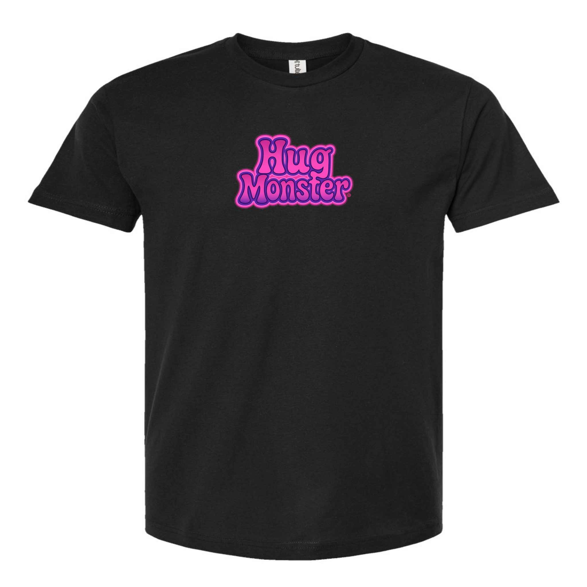 Hug Monster "Retro Bubble" (Pink and Purple) T-Shirt - Positive Message Graphic Tee in Black – Front View