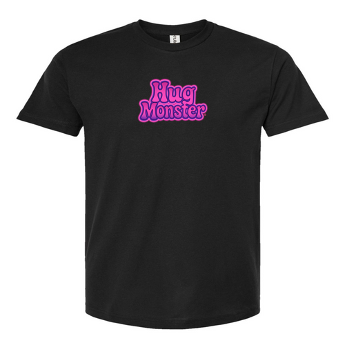 Hug Monster "Retro Bubble" (Pink and Purple) T-Shirt - Positive Message Graphic Tee in Black – Front View