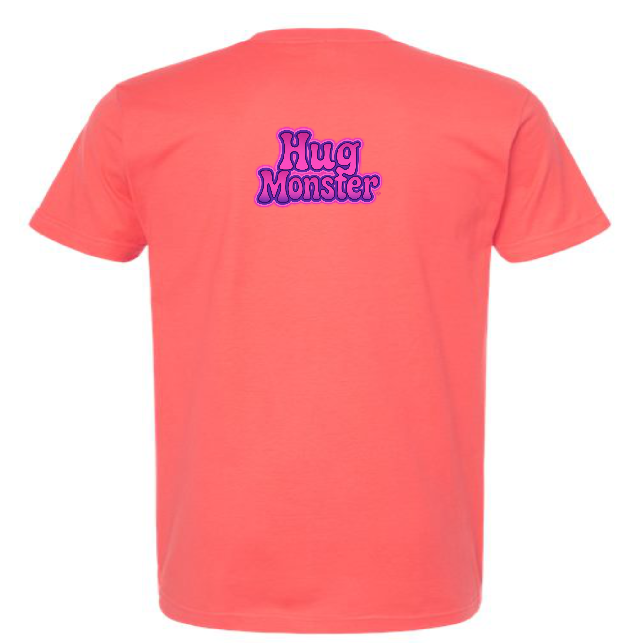 Hug Monster "Retro Bubble" (Pink and Purple) T-Shirt - Positive Message Graphic Tee in Bright Coral – Back View