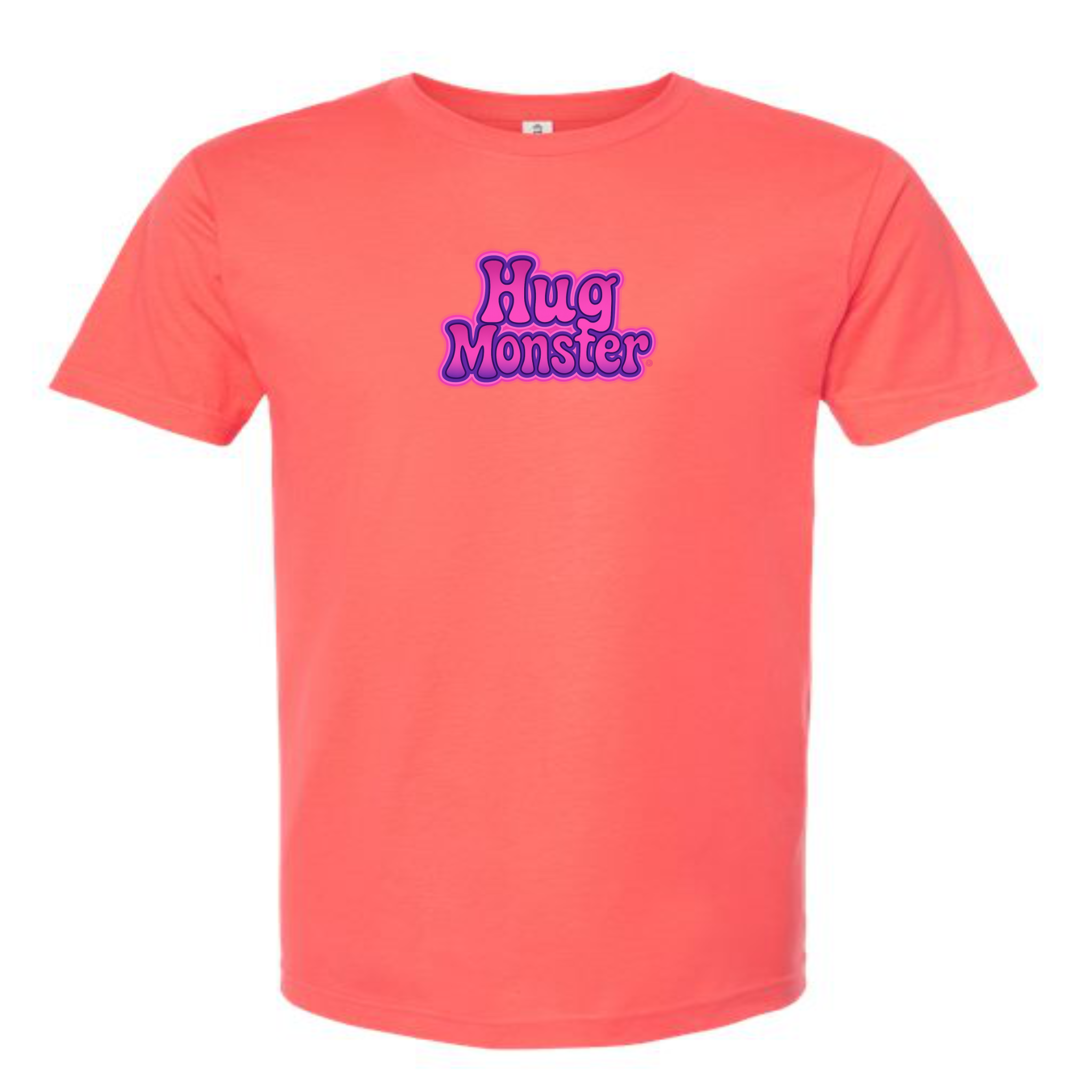 Hug Monster "Retro Bubble" (Pink and Purple) T-Shirt - Positive Message Graphic Tee in Bright Coral – Front View