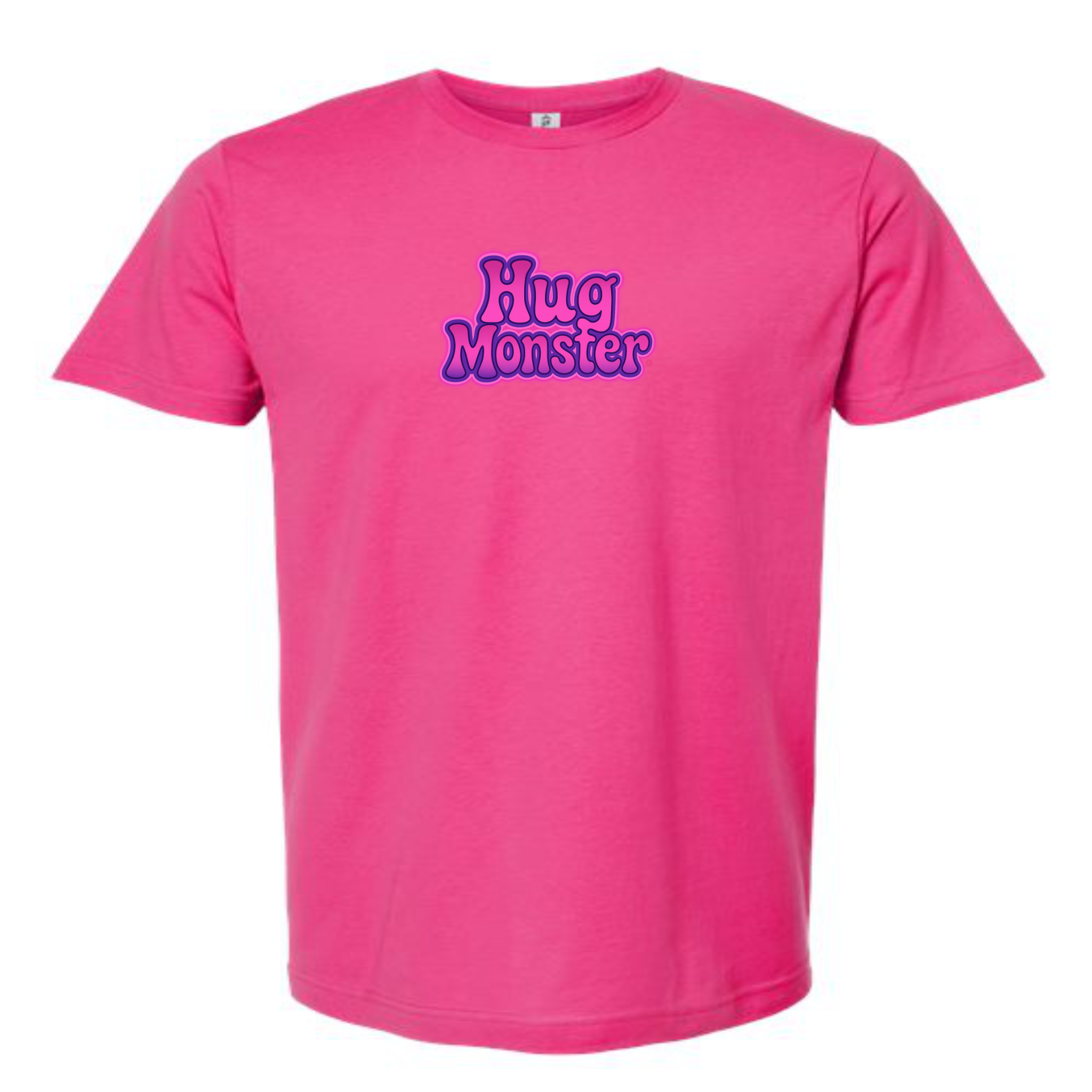 Hug Monster "Retro Bubble" (Pink and Purple) T-Shirt - Positive Message Graphic Tee in Bright Fuscia – Front View