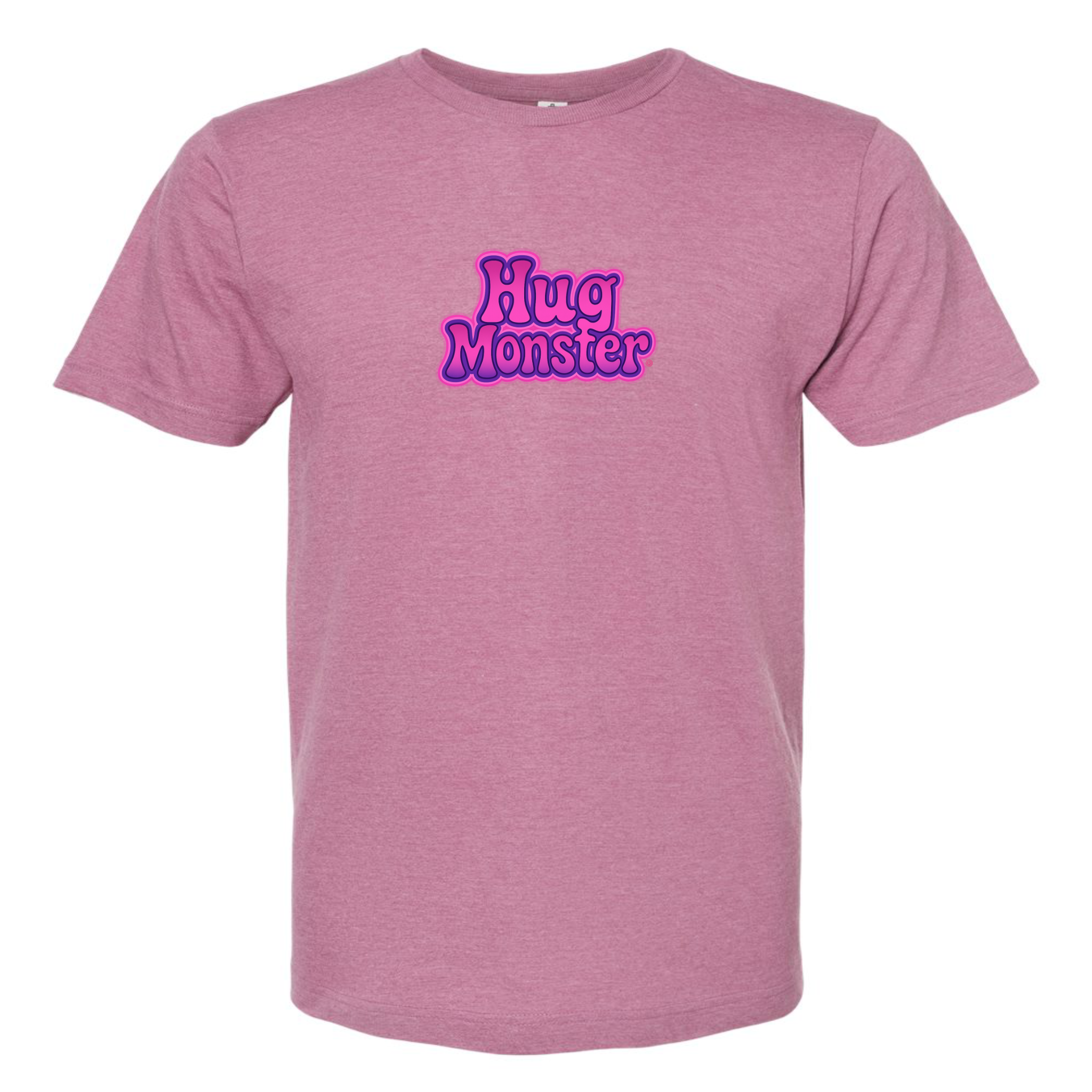 Hug Monster "Retro Bubble" (Pink and Purple) T-Shirt - Positive Message Graphic Tee in Heather Dusty Rose Pink – Front View
