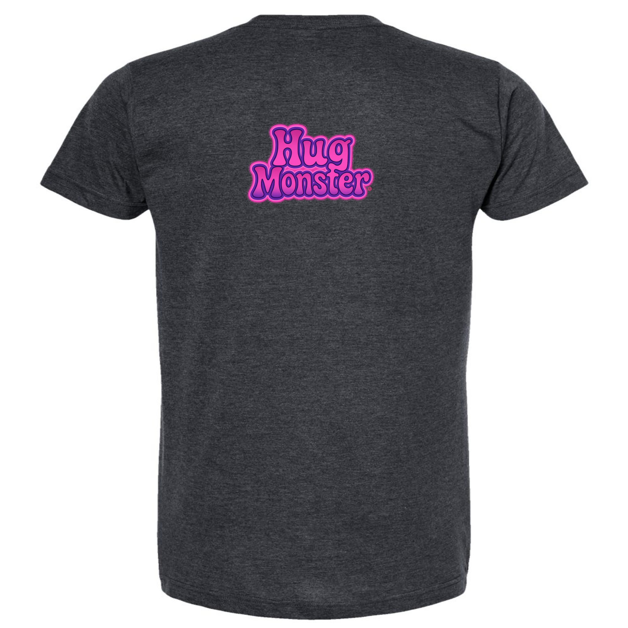 Hug Monster "Retro Bubble" (Pink and Purple) T-Shirt - Positive Message Graphic Tee in Heather Graphite – Back View