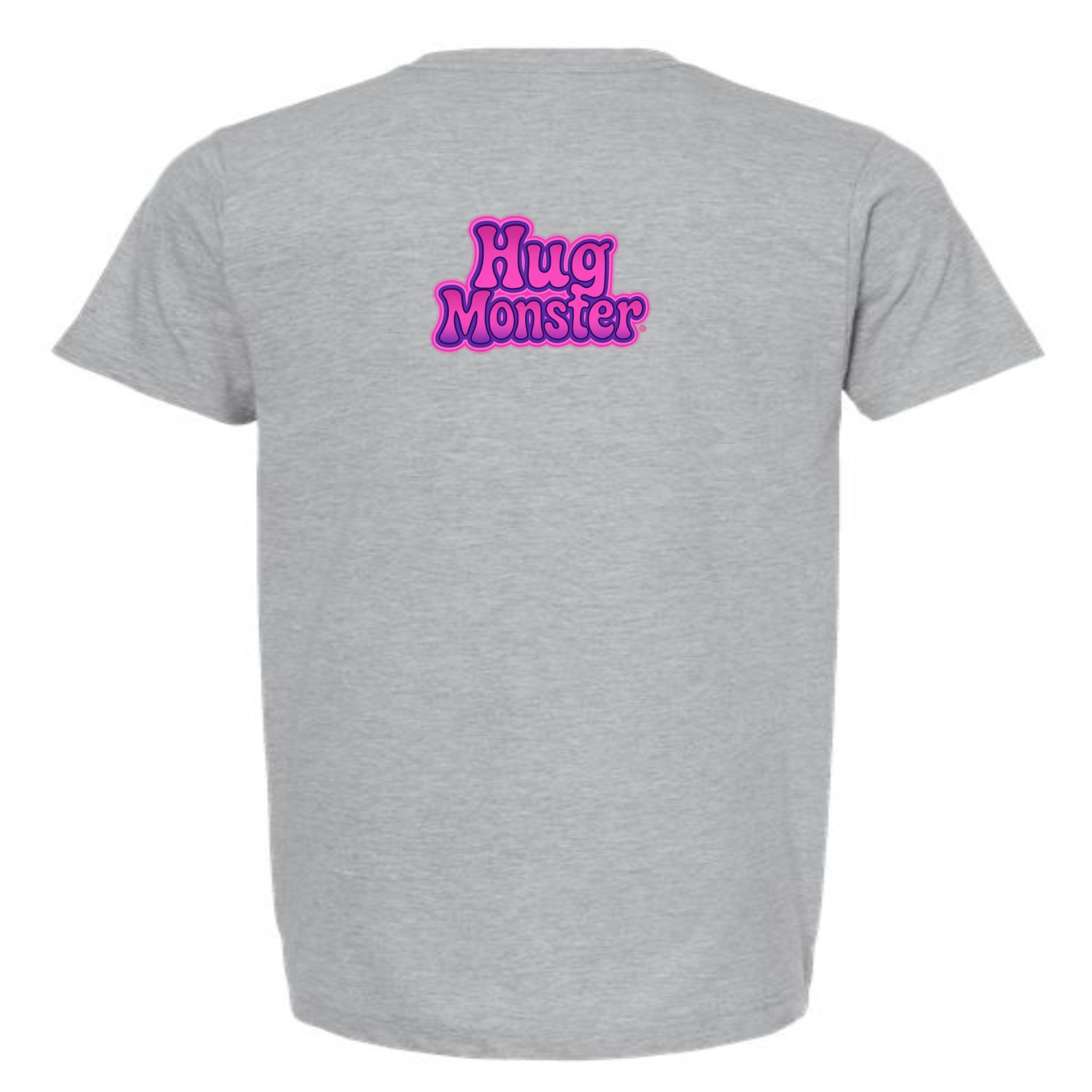 Hug Monster "Retro Bubble" (Pink and Purple) T-Shirt - Positive Message Graphic Tee in Heather Grey – Back View