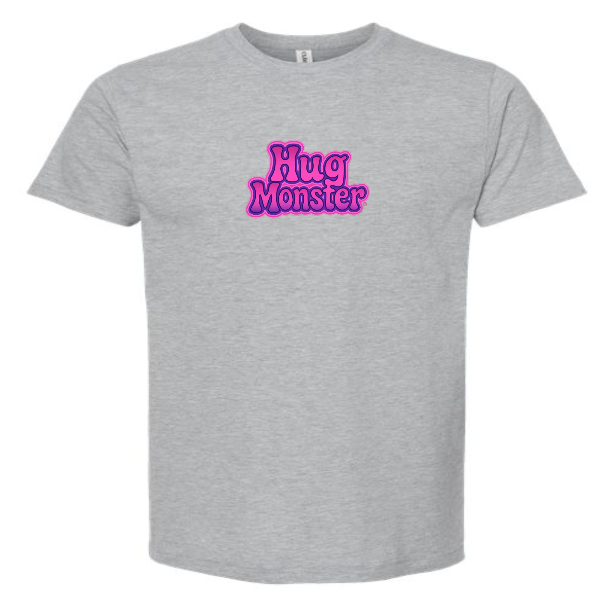 Hug Monster "Retro Bubble" (Pink and Purple) T-Shirt - Positive Message Graphic Tee in Heather Grey – Front View